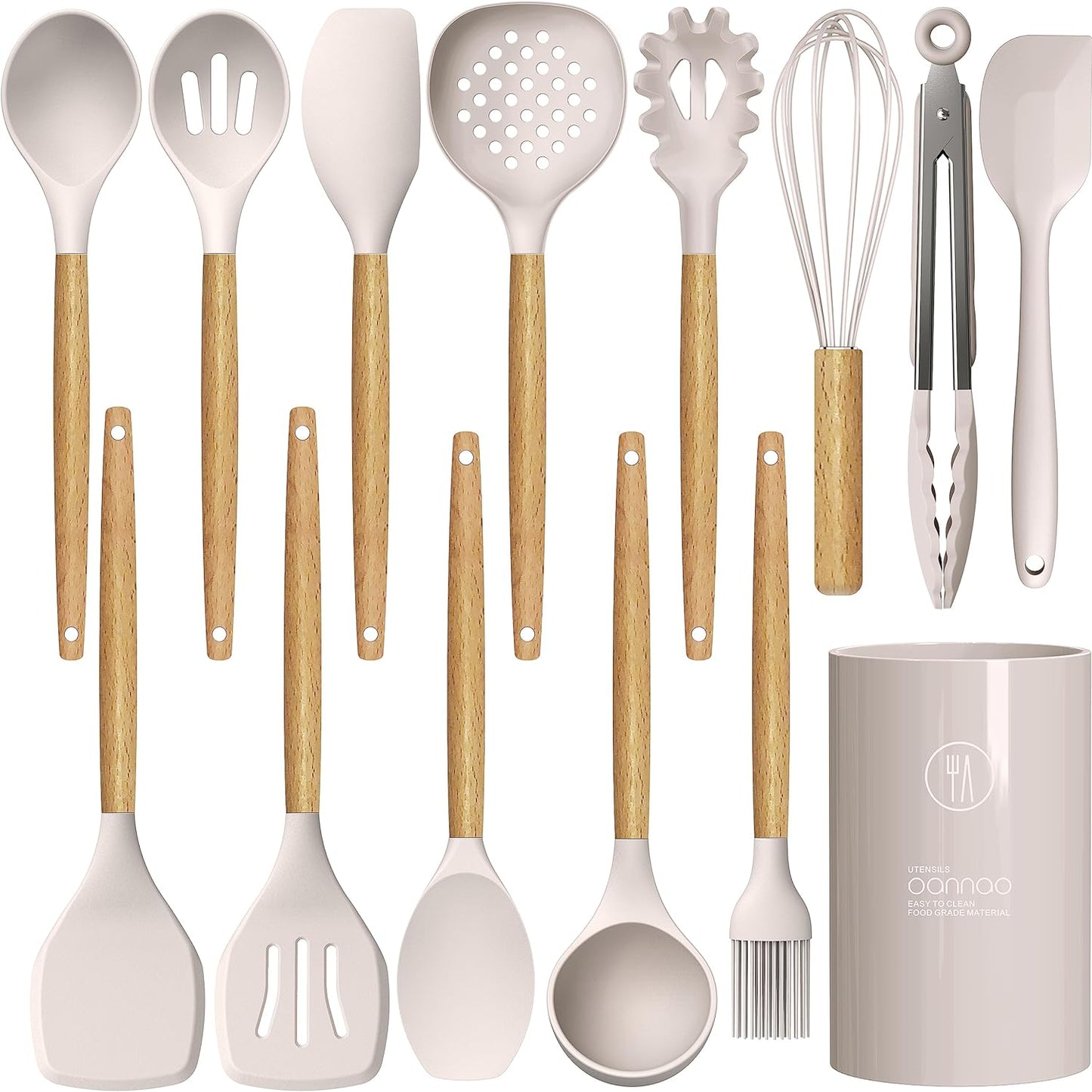 14-Piece Silicone Kitchen Utensil Set with Wooden Handles