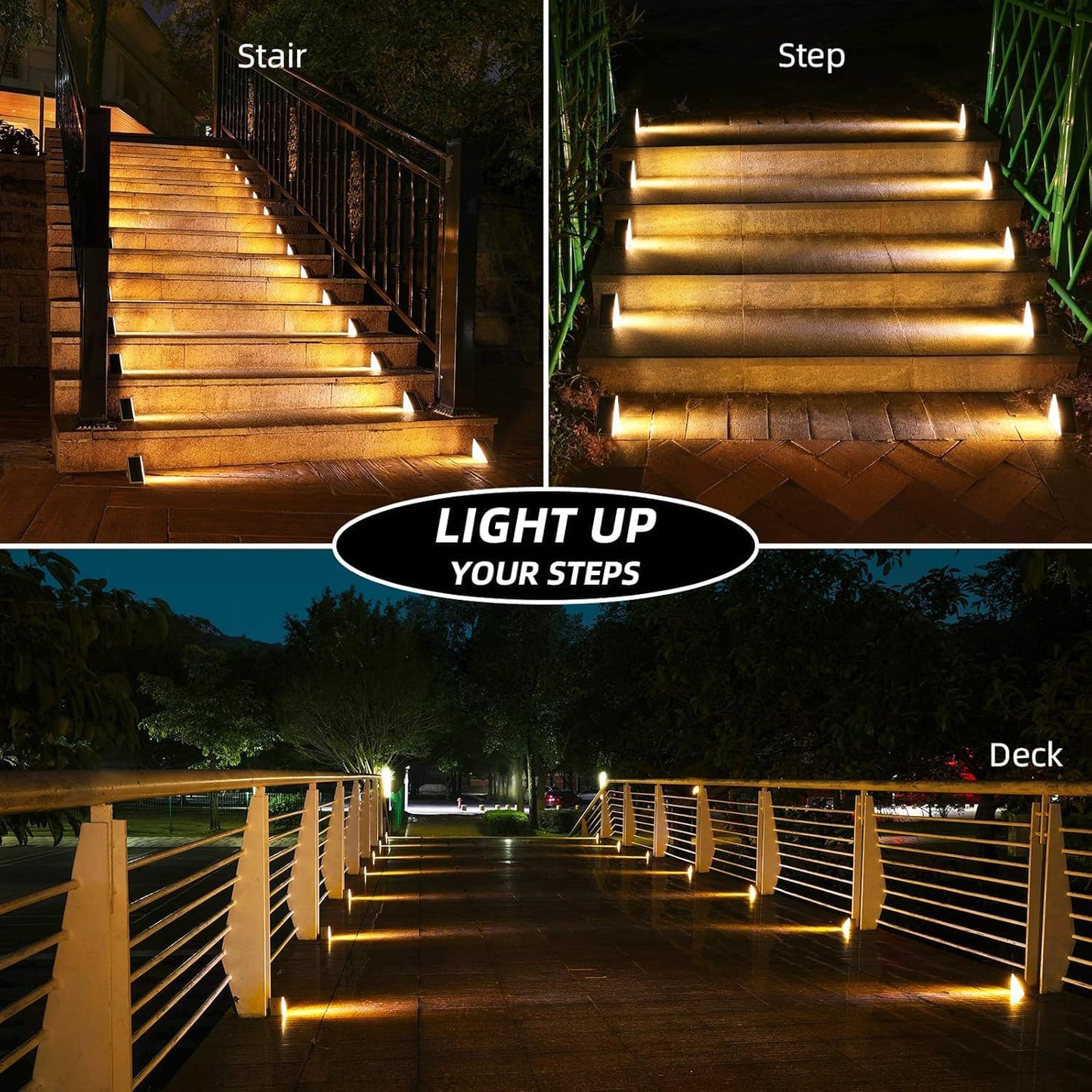 Solar Stair Lights, IP67 Waterproof Outdoor Solar Step Lights, 3000K Warm White Outdoor Solar Powered Step Lights, Dusk to Dawn Lighting Decor for Garden, Stair, Deck, Front Porch, Patio (6 Pack)
