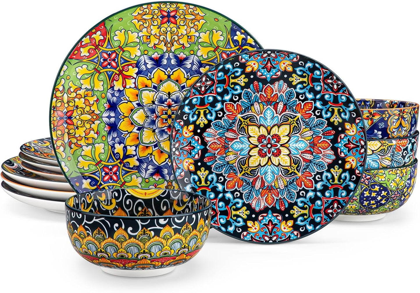 Vibrant Floral Porcelain Dish Set | 12-Piece Ceramic Plates & Bowls