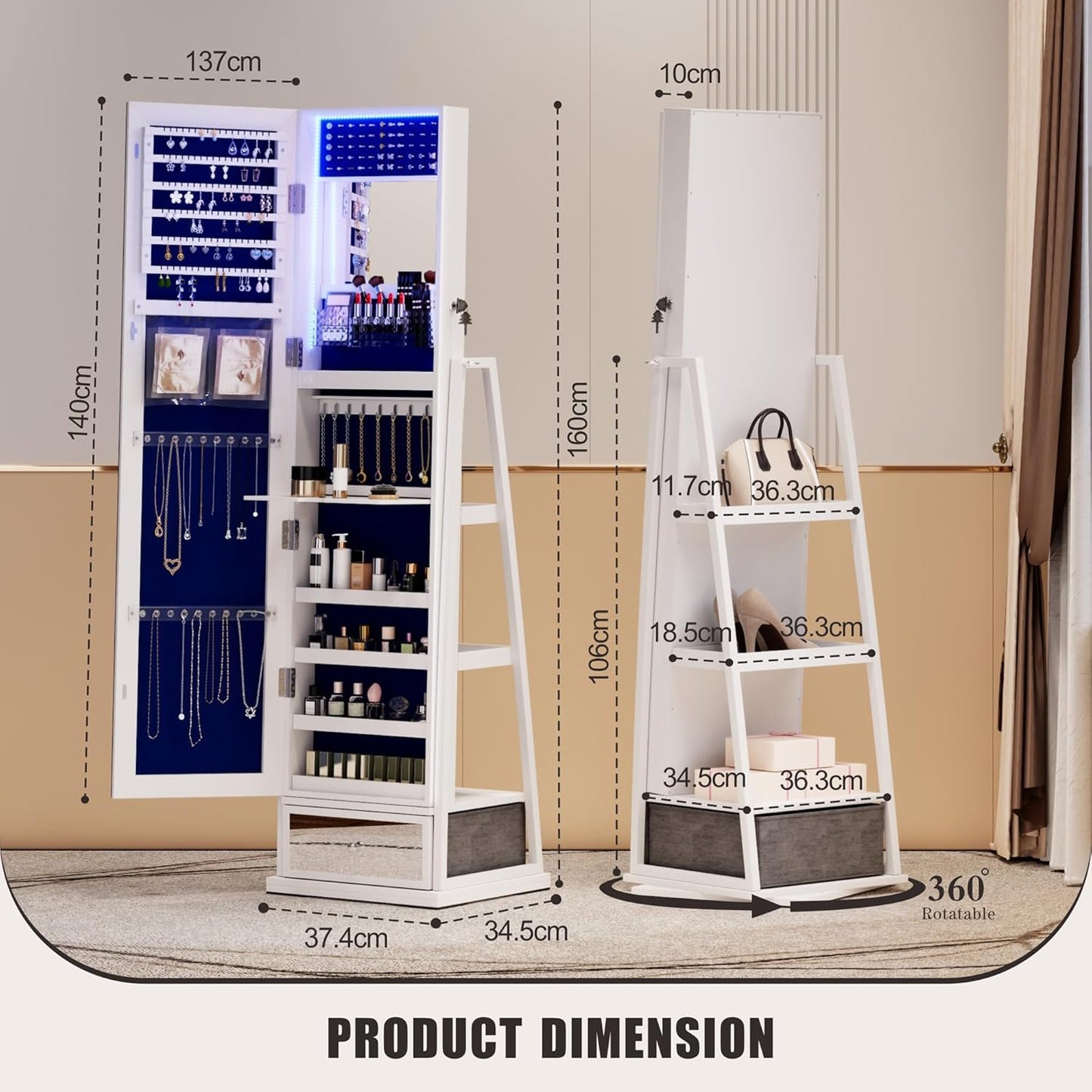 Freestanding Full-Length Mirror Jewelry Cabinet – 3-in-1 Organizer with LED Lights, Shelves & Lockable Design