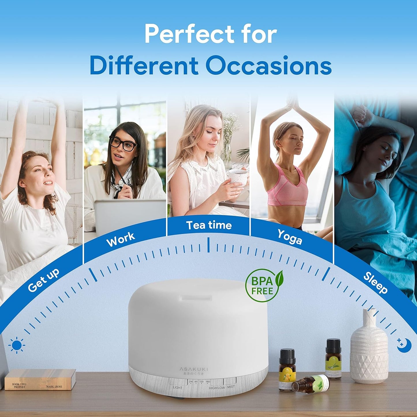 ASAKUKI 500ml Essential Oil Diffuser, 5 in 1 Ultrasonic Aromatherapy Fragrant Oil Diffusers, Vaporizer Humidifier with Remote Control, Timer, Auto-Off Safety Switch, 7 LED Light Colors