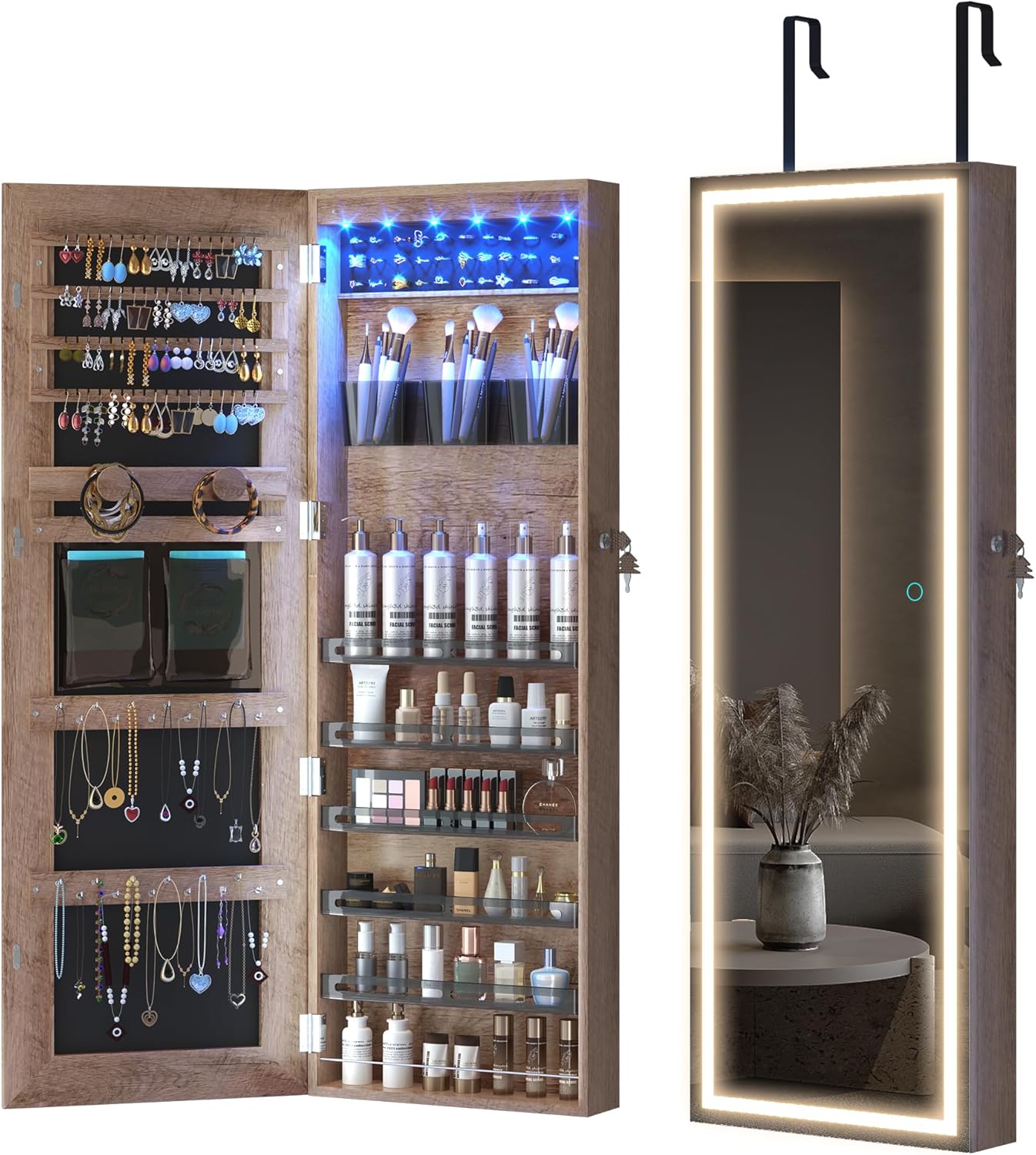Freestanding Full-Length Mirror Jewelry Cabinet – 3-in-1 Organizer with LED Lights, Shelves & Lockable Design