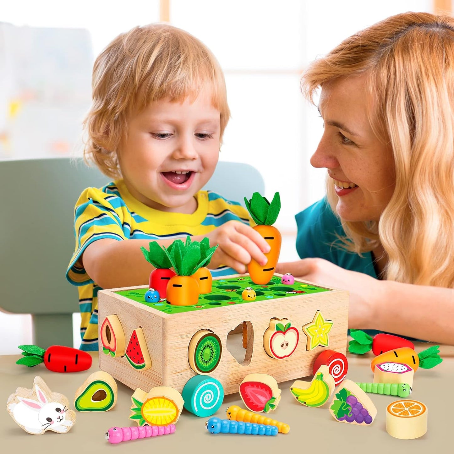 BAYSING Montessori Toys for 2,3,4 Year Old Baby Boys and Girls, Carrots Harvest Game, Wooden Shape Sorting Toys for Toddlers, Kids Age 1-3, Wood Preschool Learning Fine Motor Skills Game