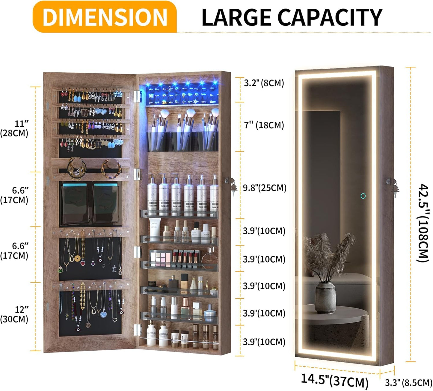 Freestanding Full-Length Mirror Jewelry Cabinet – 3-in-1 Organizer with LED Lights, Shelves & Lockable Design