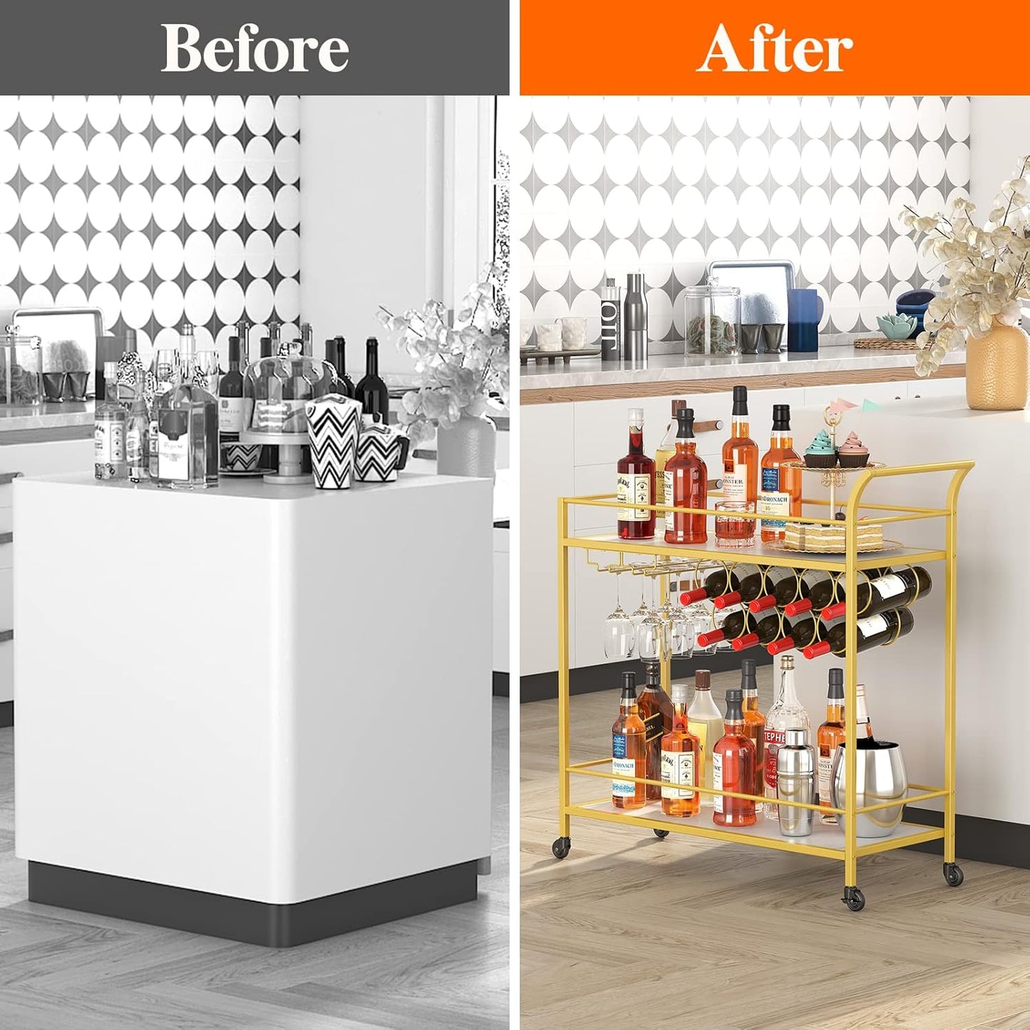 Drinks Trolley on Wheels | Gold 2-Tier Bar Cart with Wine Racks