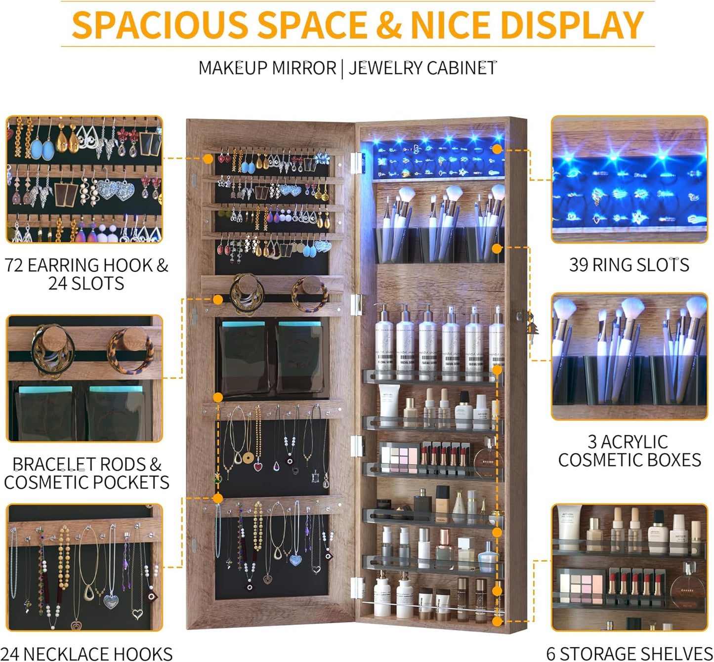 Freestanding Full-Length Mirror Jewelry Cabinet – 3-in-1 Organizer with LED Lights, Shelves & Lockable Design