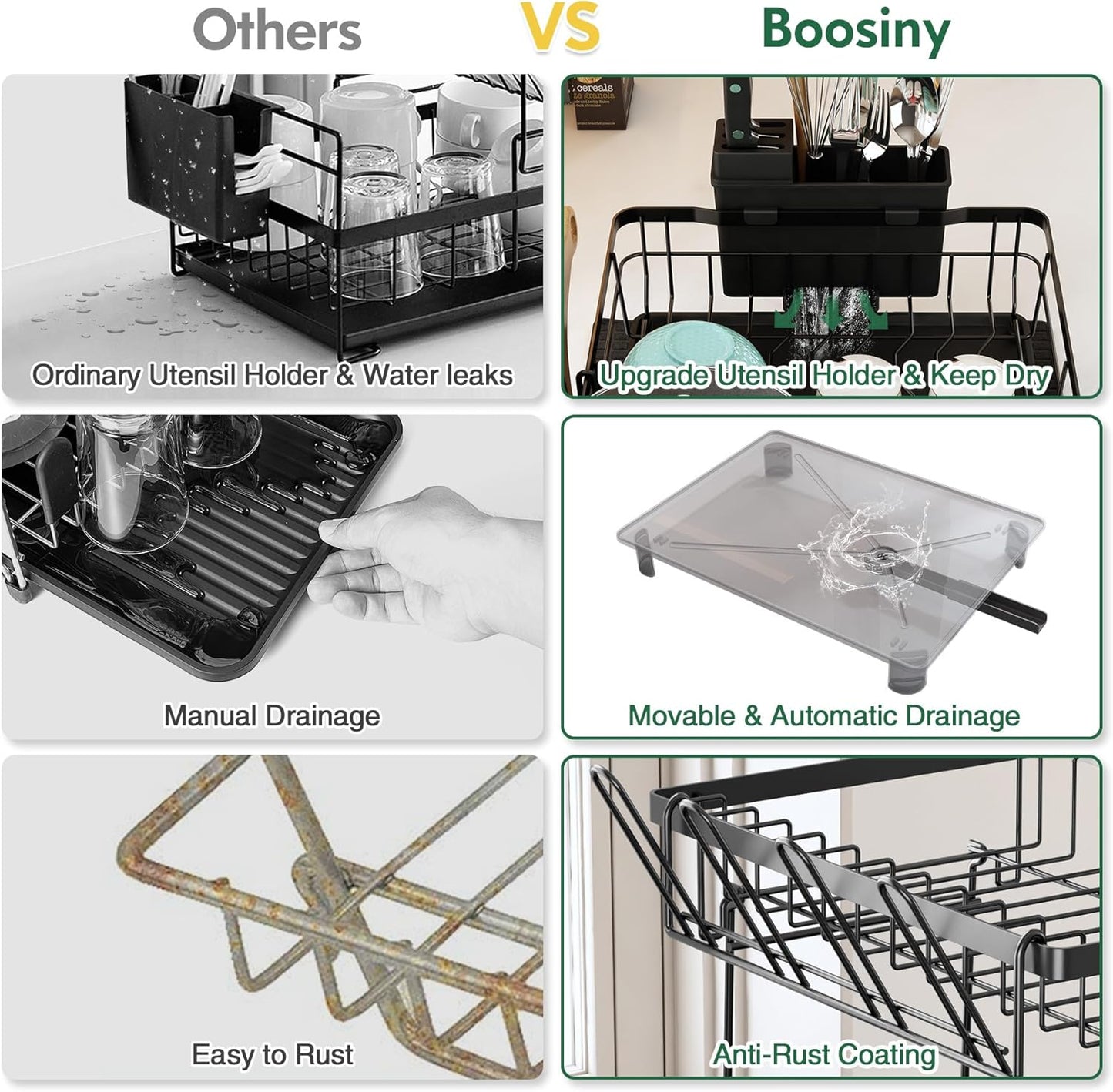 Boosiny Dish Drying Rack for Kitchen Counter, 2 Tier Dish Racks with Drainboard Set, Detachable Large Dish Drainer with Utensils Holder, Dish Drainer Rack with Extra Drying Mat, Black