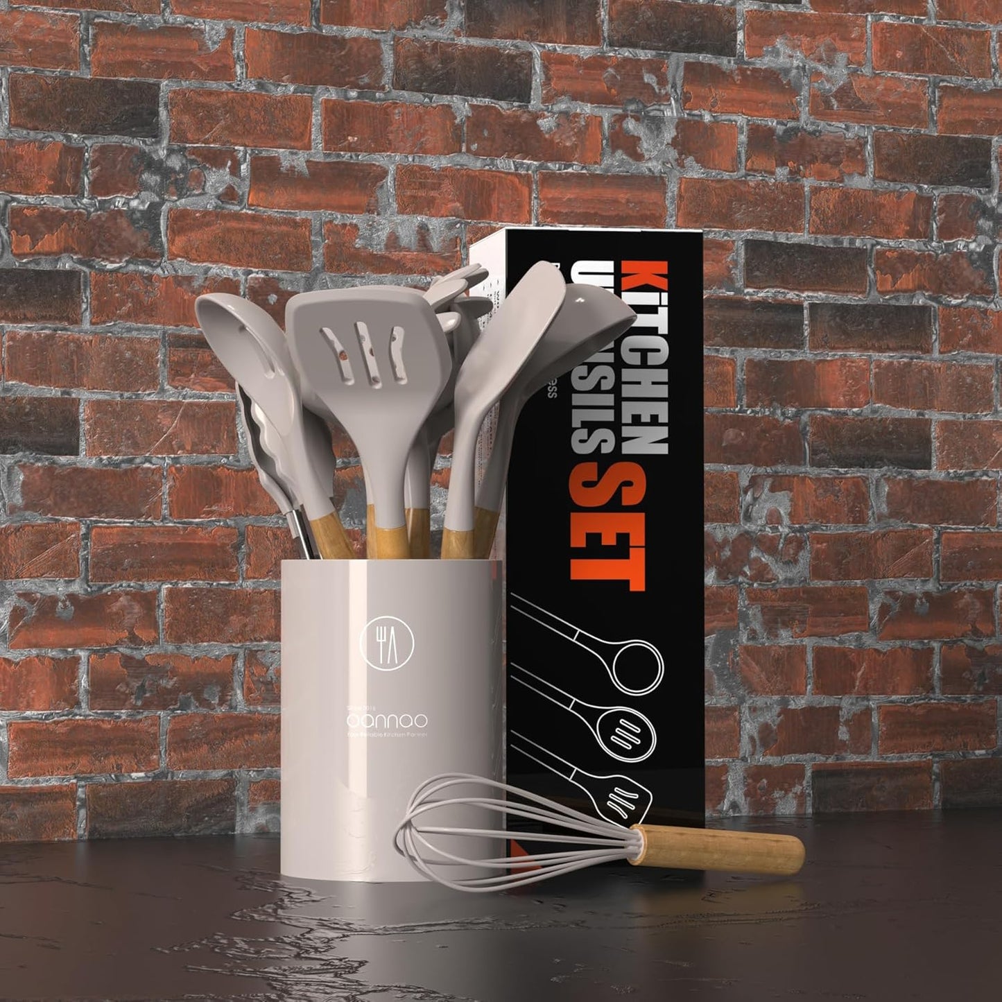 14-Piece Silicone Kitchen Utensil Set with Wooden Handles