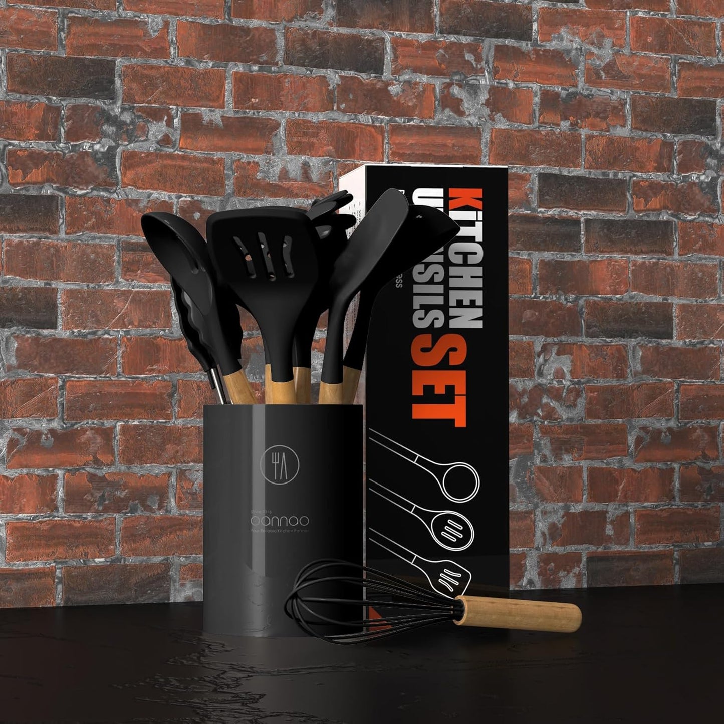 14-Piece Silicone Kitchen Utensil Set with Wooden Handles