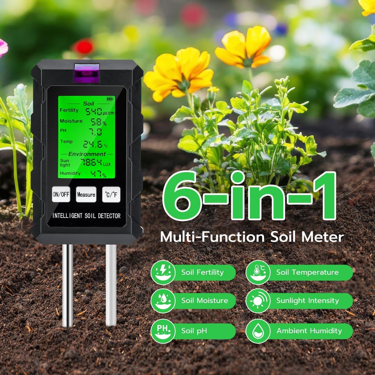 Mcbazel 6-in-1 Soil Tester with Dual-Probe Technology–Accurately Measure pH, Temperature, Fertility, Light Intensity & Humidity for Optimal Plant Growth–Essential Gardening Tool for Home