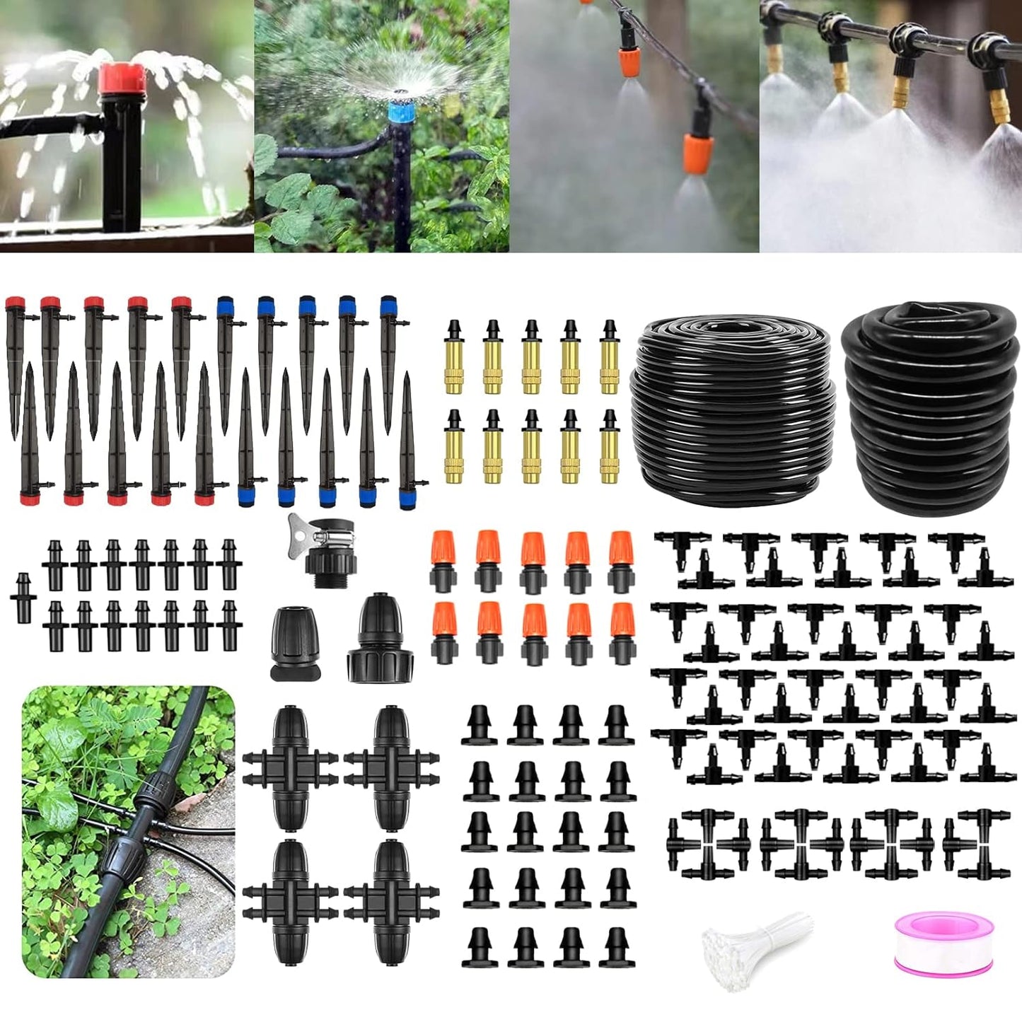 Tivddikun Drip Irrigation Kit, 360° Bendable Watering System with 49FT/15M Drip Irrigation Hose, 20 T-joints, 15 Adjustable Brass Misting Nozzles, 10 Fixed Stems, Anti-blocked Universal Faucet Adapter