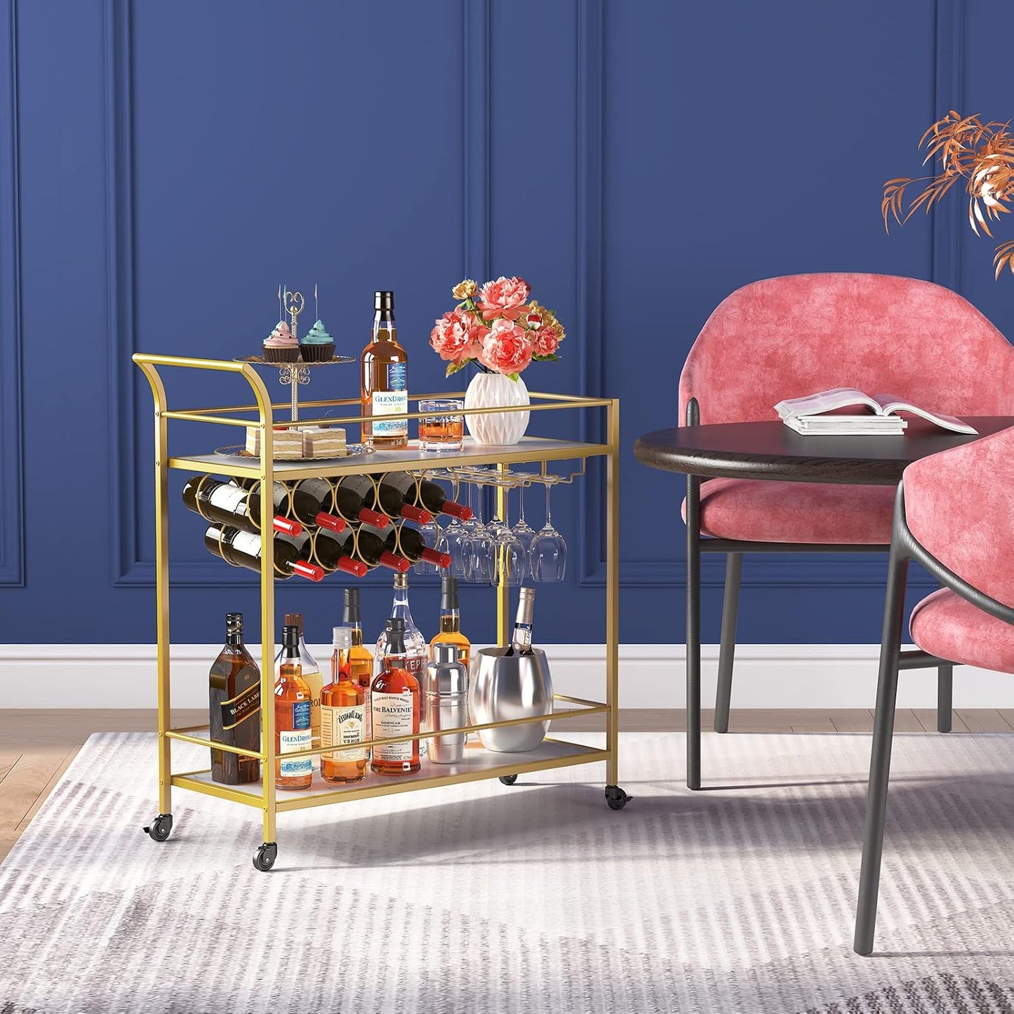 Drinks Trolley on Wheels | Gold 2-Tier Bar Cart with Wine Racks