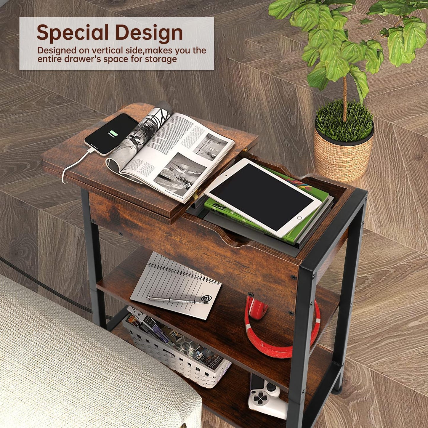 Side Table with Charging Station(Upgraded), End Table with USB Ports and Outlets, Nightstand for Small Spaces, Bedside Tables with Storage Shelf for Living Room, Bedroom, Brown