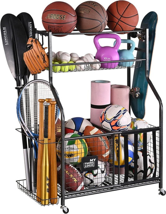 Mythinglogic Garage Storage System, Garage Organizer with Baskets and Hooks, Sports Equipment Organizer for Sports Gear/Toys,Garage Ball Storage for Indoor/Outdoor Use