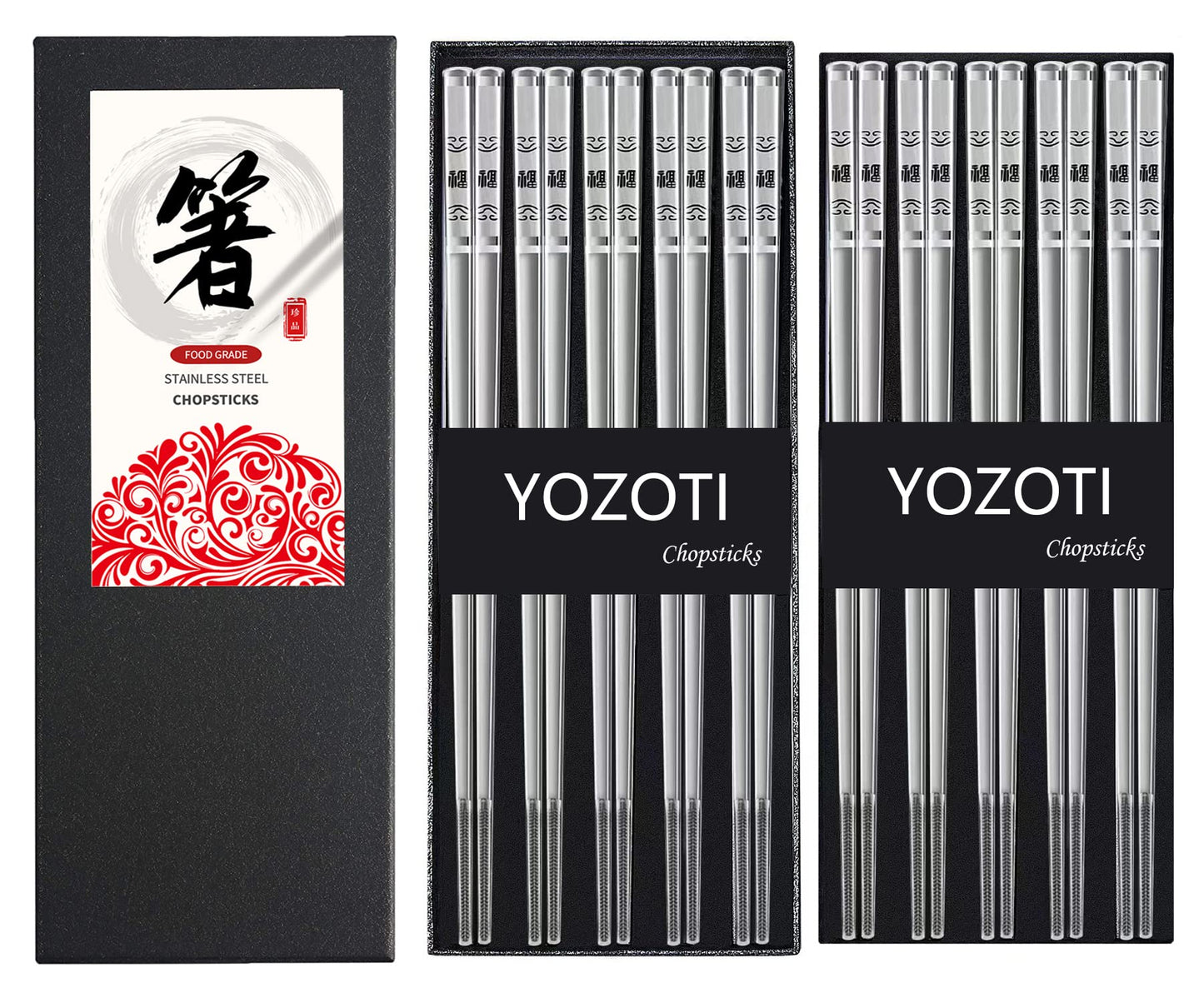 YOZOTI Stainless Steel Chopsticks, Silver Reusable Chopsticks, 5 Pairs Dishwasher Safe Metal Chopsticks, Easy to Use, Square Lightweight Chop Sticks, Gift Set (Silver)