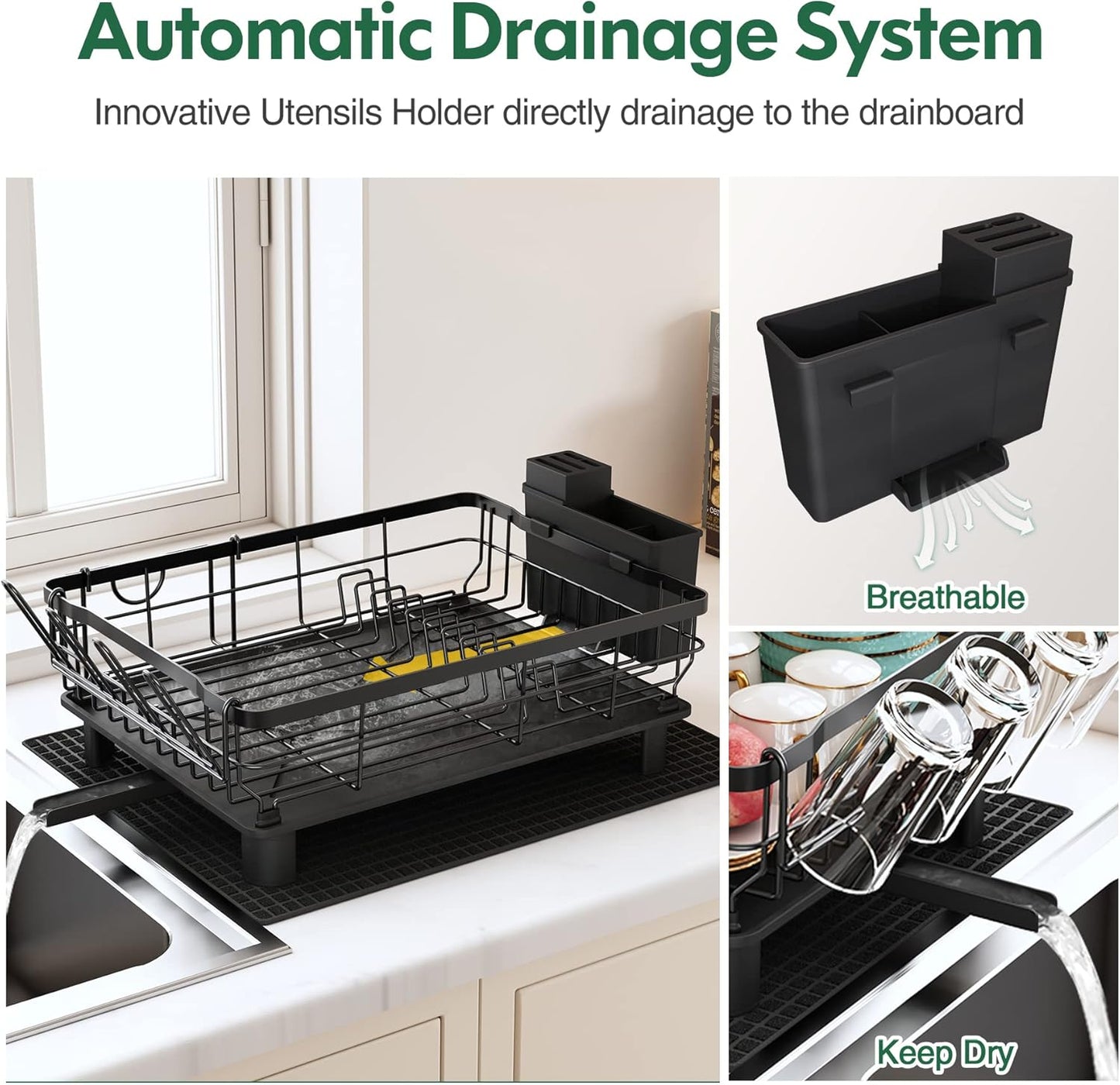 Boosiny Dish Drying Rack for Kitchen Counter, 2 Tier Dish Racks with Drainboard Set, Detachable Large Dish Drainer with Utensils Holder, Dish Drainer Rack with Extra Drying Mat, Black