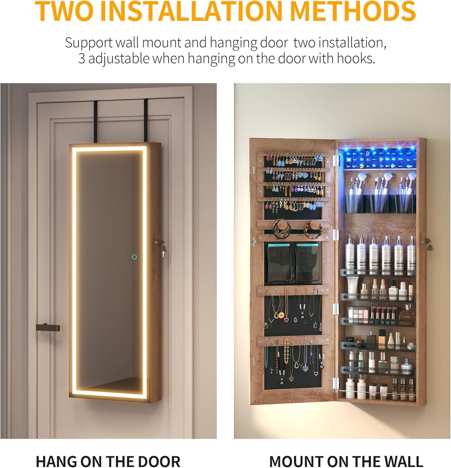 Freestanding Full-Length Mirror Jewelry Cabinet – 3-in-1 Organizer with LED Lights, Shelves & Lockable Design