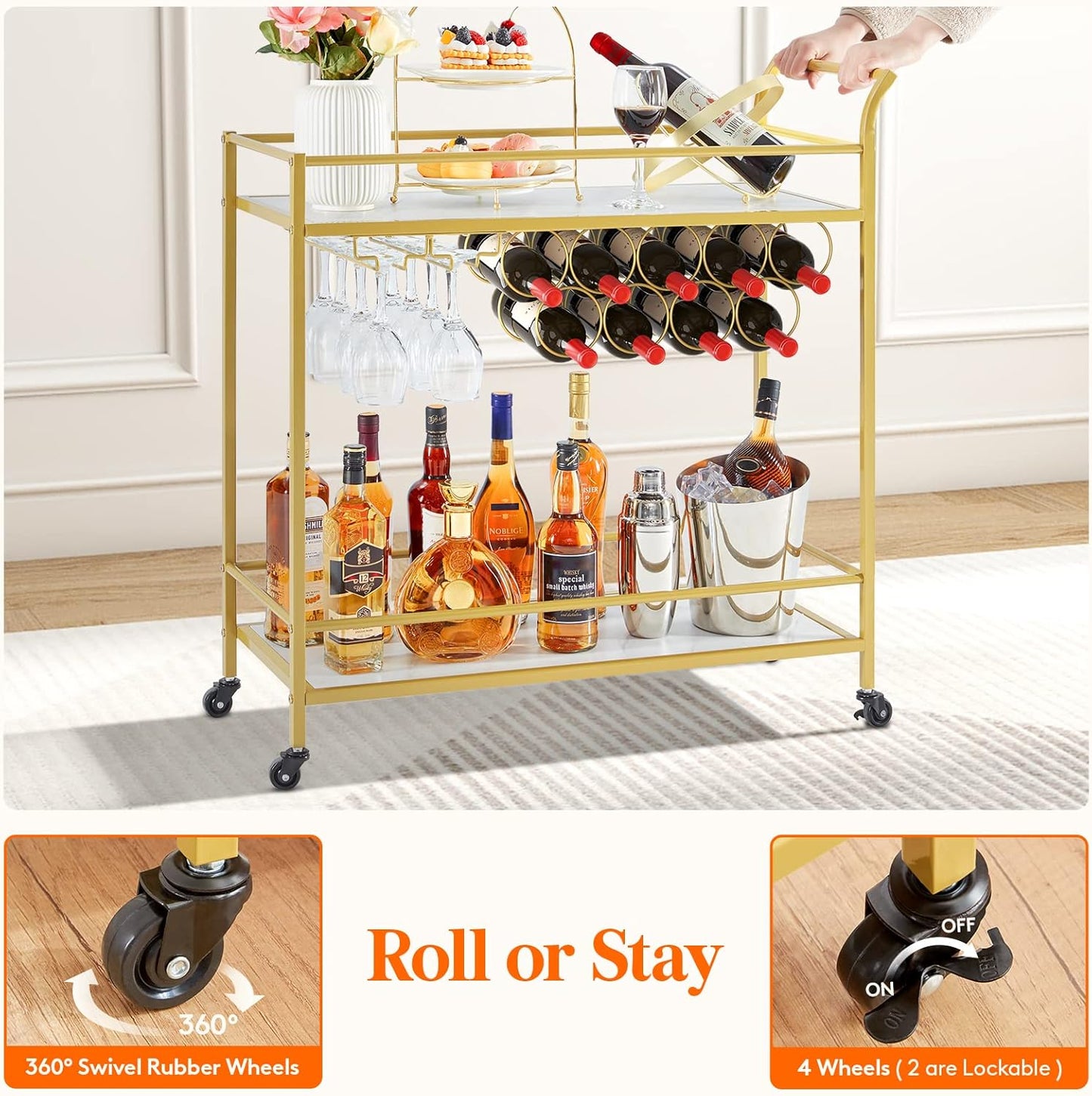 Drinks Trolley on Wheels | Gold 2-Tier Bar Cart with Wine Racks