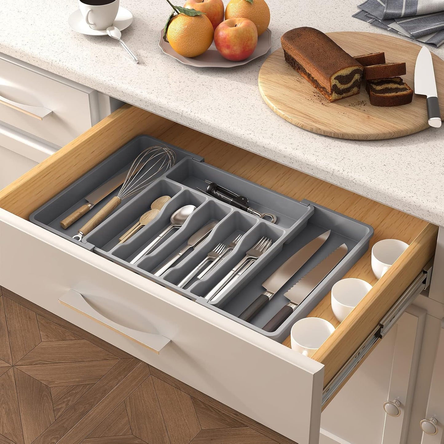 Lifewit Cutlery Drawer Organiser, Expandable Utensil Tray for Kitchen, Adjustable Silverware and Flatware Holder, Compact Plastic Storage for Spoons Forks Knives, Large, Black
