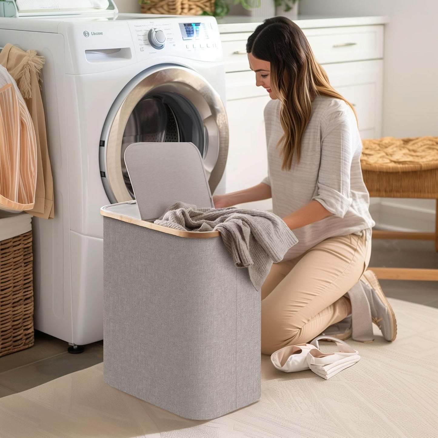 Large Double Hamper | Storage Basket with Lid & Removable Bags