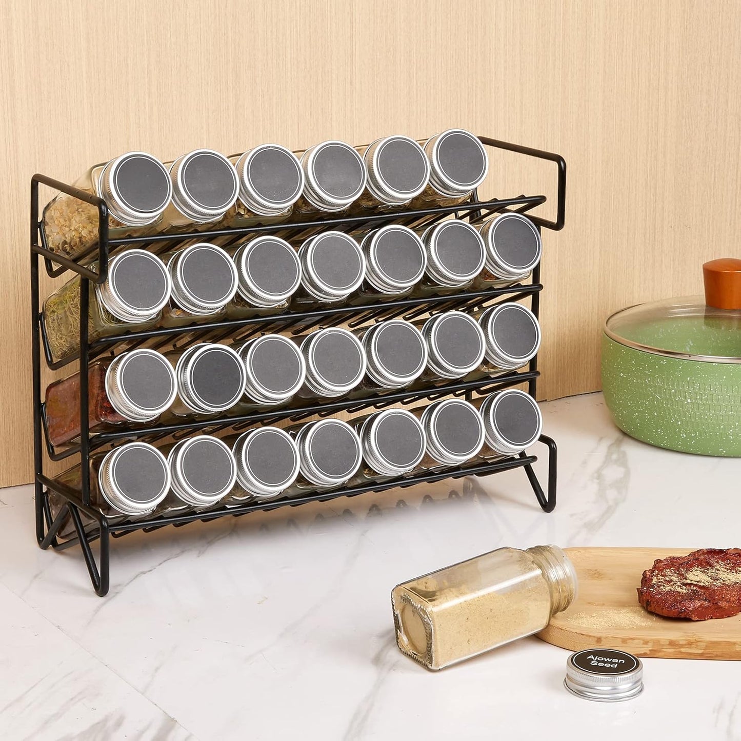 4-Tier Spice Rack Organizer | Kitchen Cabinet & Countertop Storage | Jars included