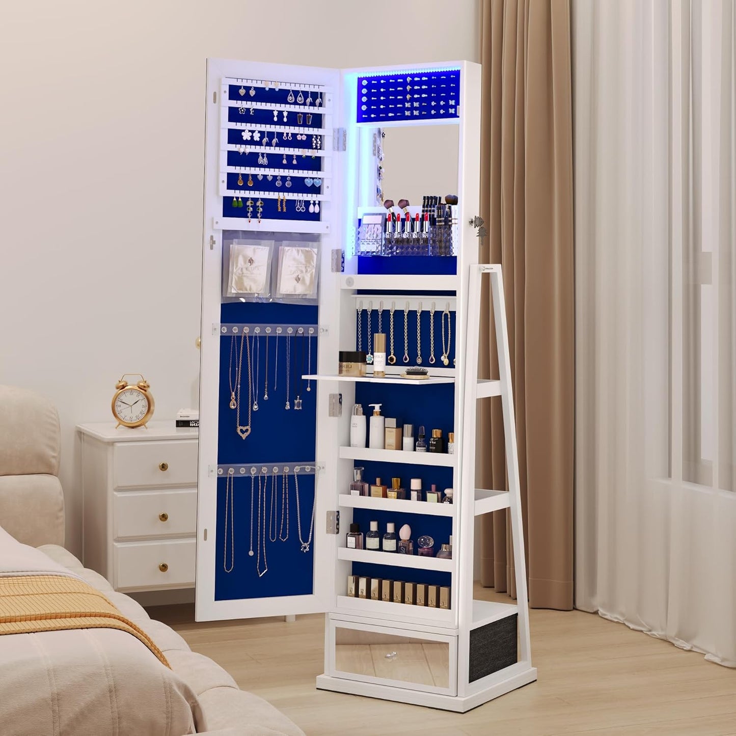 Freestanding Full-Length Mirror Jewelry Cabinet – 3-in-1 Organizer with LED Lights, Shelves & Lockable Design