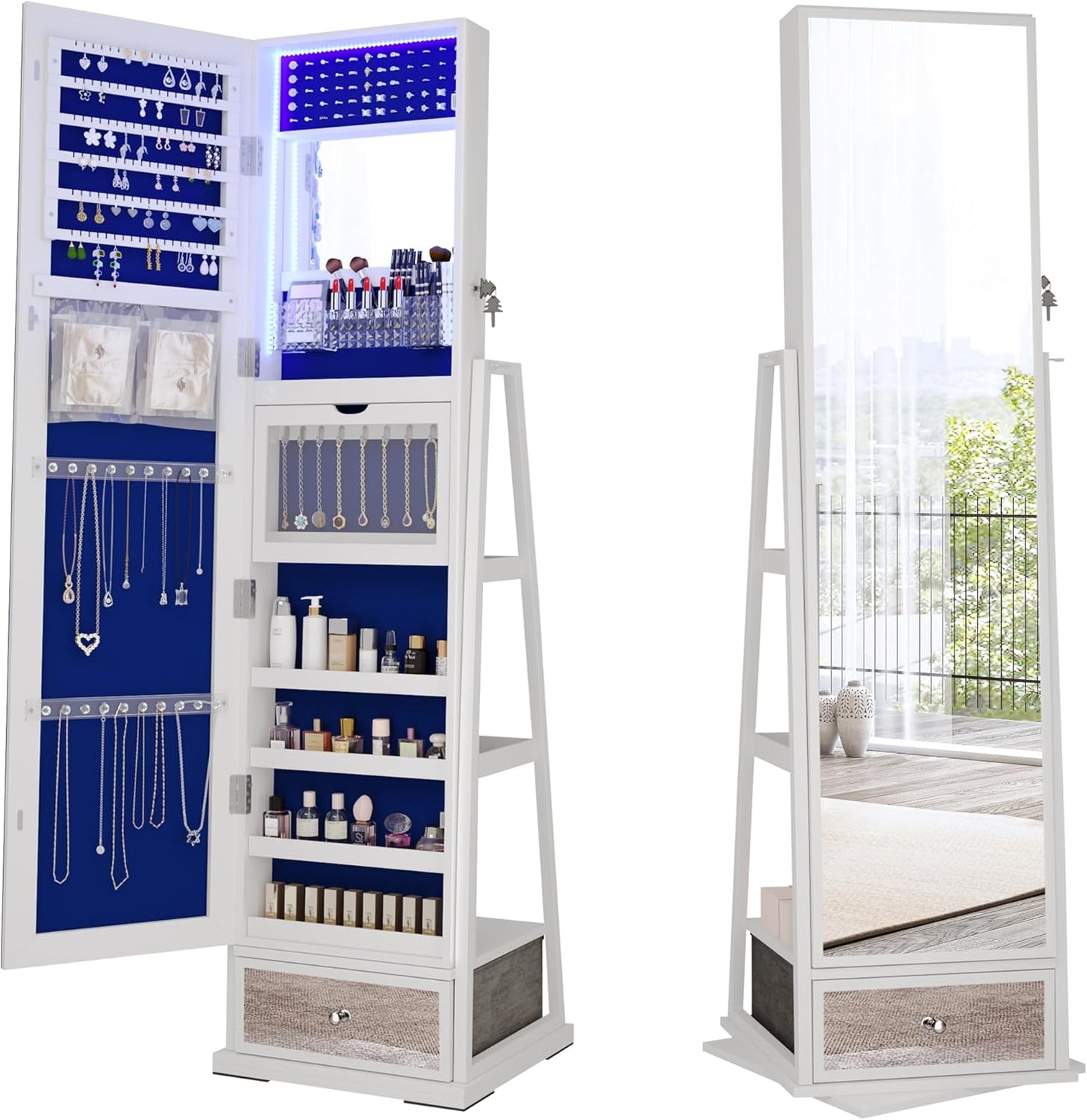Freestanding Full-Length Mirror Jewelry Cabinet – 3-in-1 Organizer with LED Lights, Shelves & Lockable Design