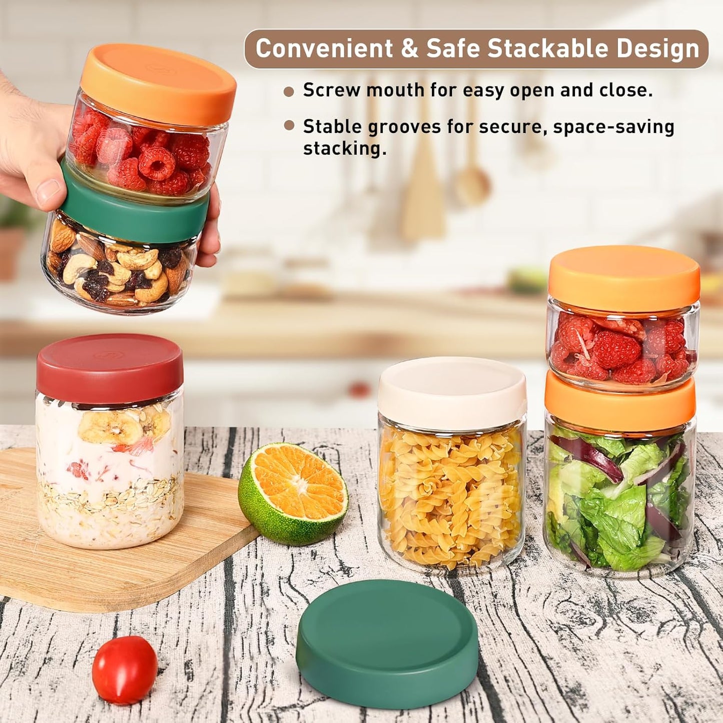 Feshory 6 Pack Overnight Oats Container Jar with Screw Lid - Wide Mouth & Airtight Glass Food Storage Jar, Wide Mouth Glass Meal Prep Containers for Baby Food, Salad, Spice, Snacks, Dressing Sauce