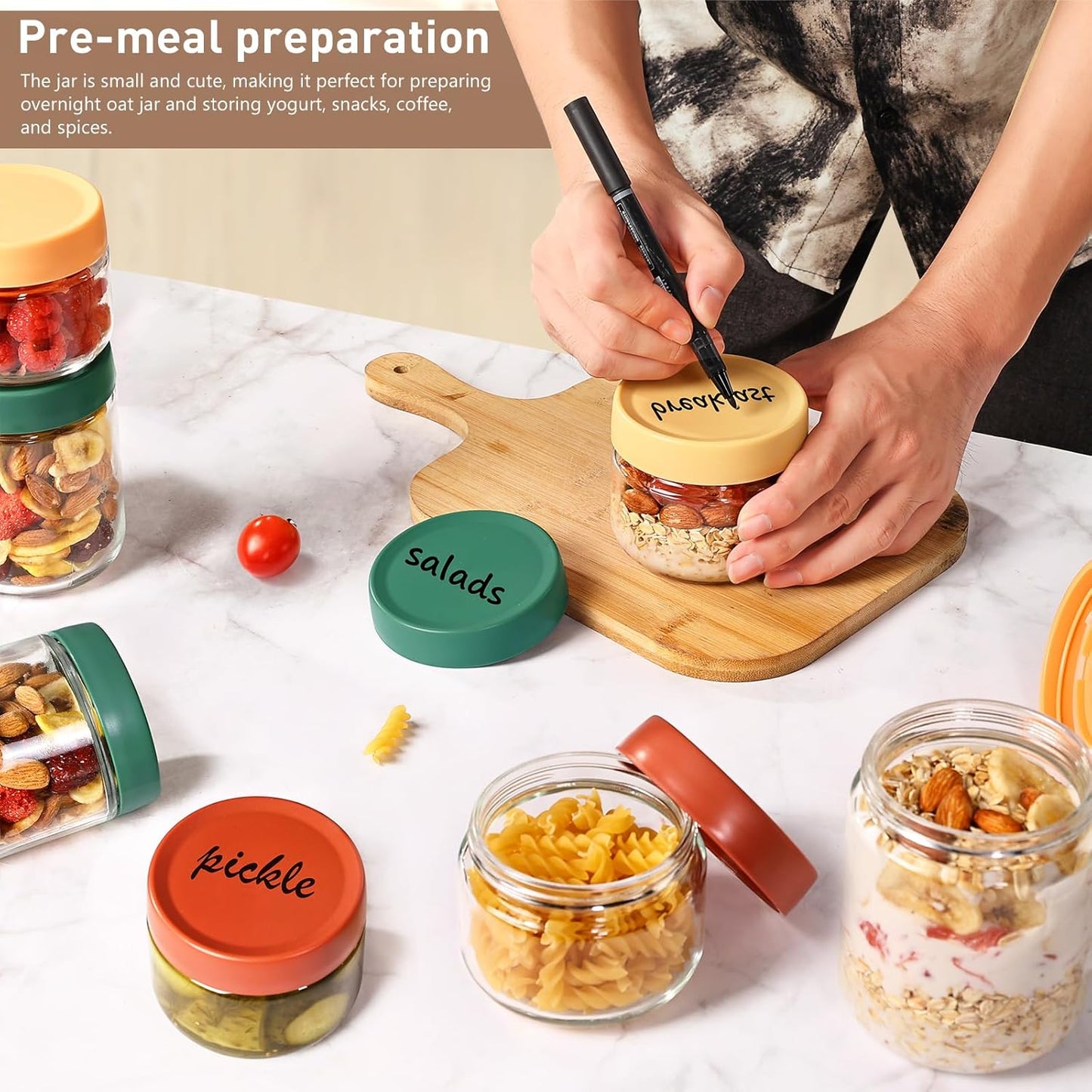 Feshory 6 Pack Overnight Oats Container Jar with Screw Lid - Wide Mouth & Airtight Glass Food Storage Jar, Wide Mouth Glass Meal Prep Containers for Baby Food, Salad, Spice, Snacks, Dressing Sauce