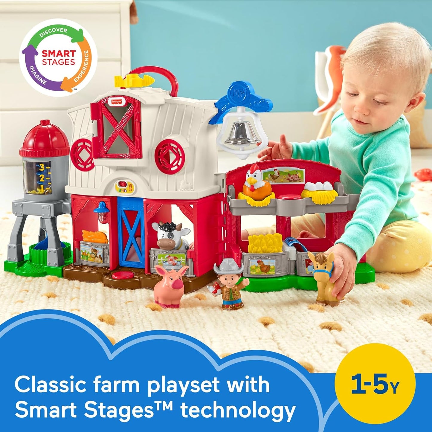 Fisher-Price Little People Toddler Learning Toy Caring for Animals Farm Interactive Playset with Smart Stages for Ages 1+ Years
