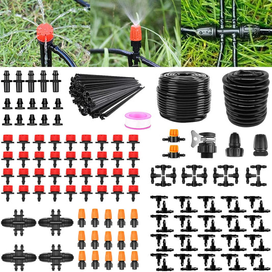 Tivddikun Drip Irrigation Kit, 360° Bendable Watering System with 49FT/15M Drip Irrigation Hose, 20 T-joints, 15 Adjustable Brass Misting Nozzles, 10 Fixed Stems, Anti-blocked Universal Faucet Adapter