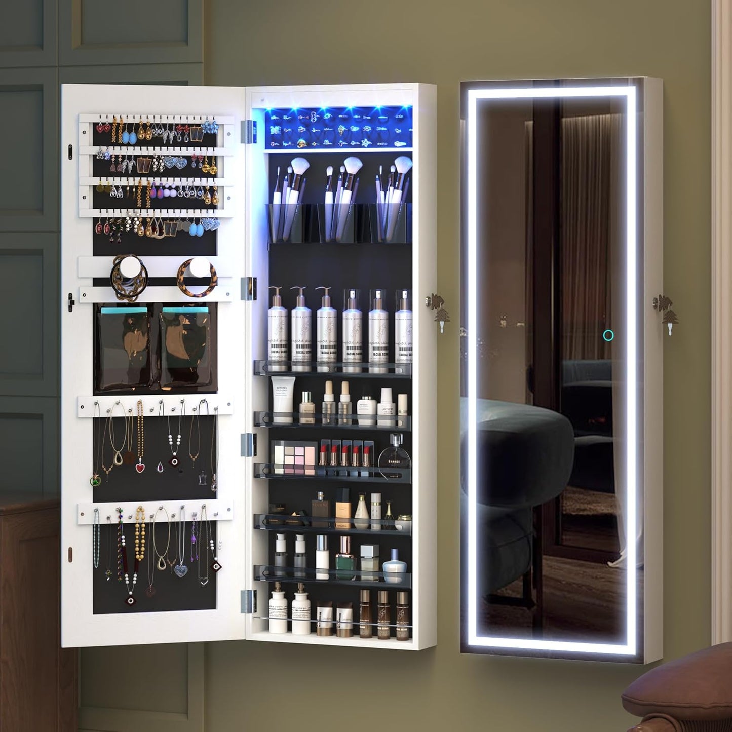 Freestanding Full-Length Mirror Jewelry Cabinet – 3-in-1 Organizer with LED Lights, Shelves & Lockable Design