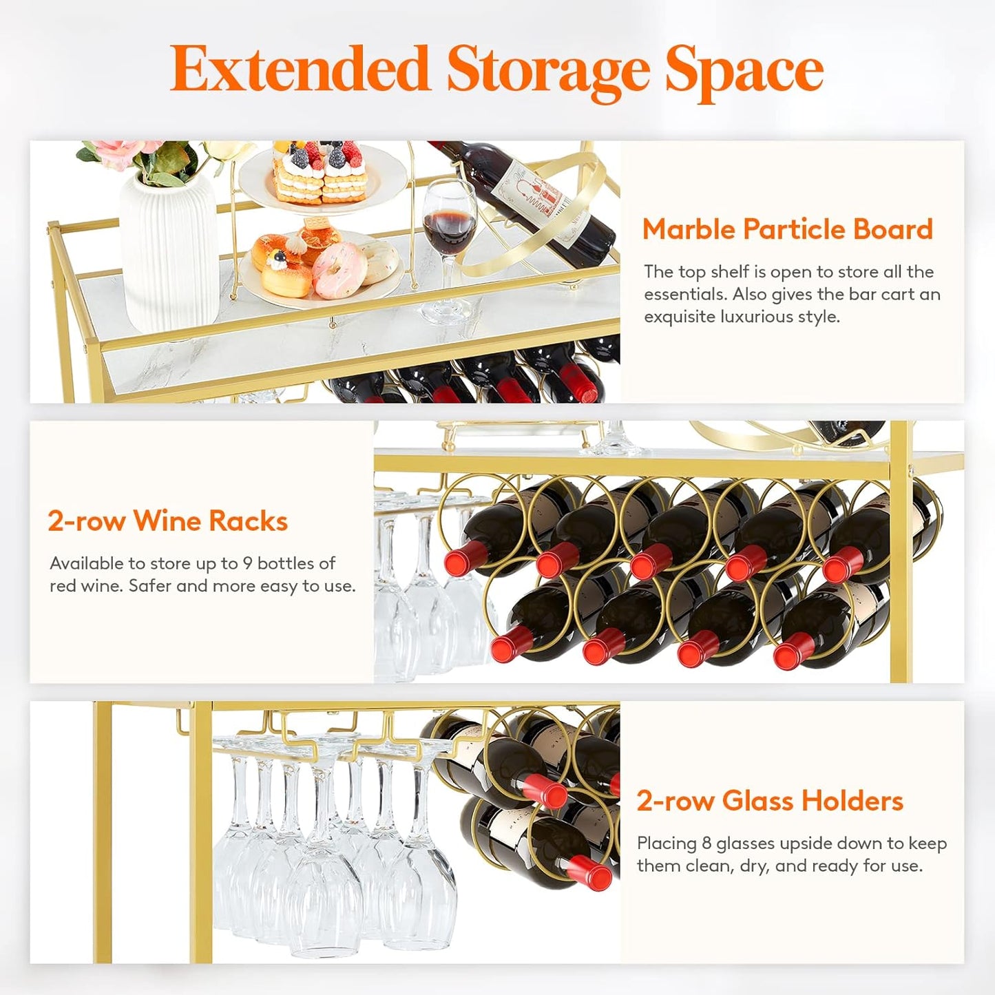 Drinks Trolley on Wheels | Gold 2-Tier Bar Cart with Wine Racks