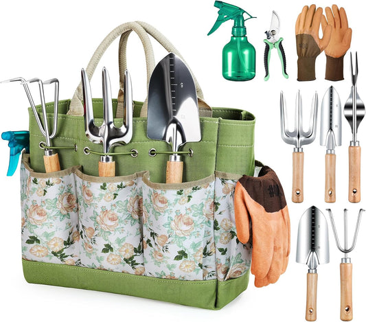 Grenebo Gardening Tools 9-Piece Heavy Duty Gardening Hand Tools with Fashion and Durable Garden Tools Organizer Handbag,Rust-Proof Garden Tool Set, Ideal Gardening Gifts for Women