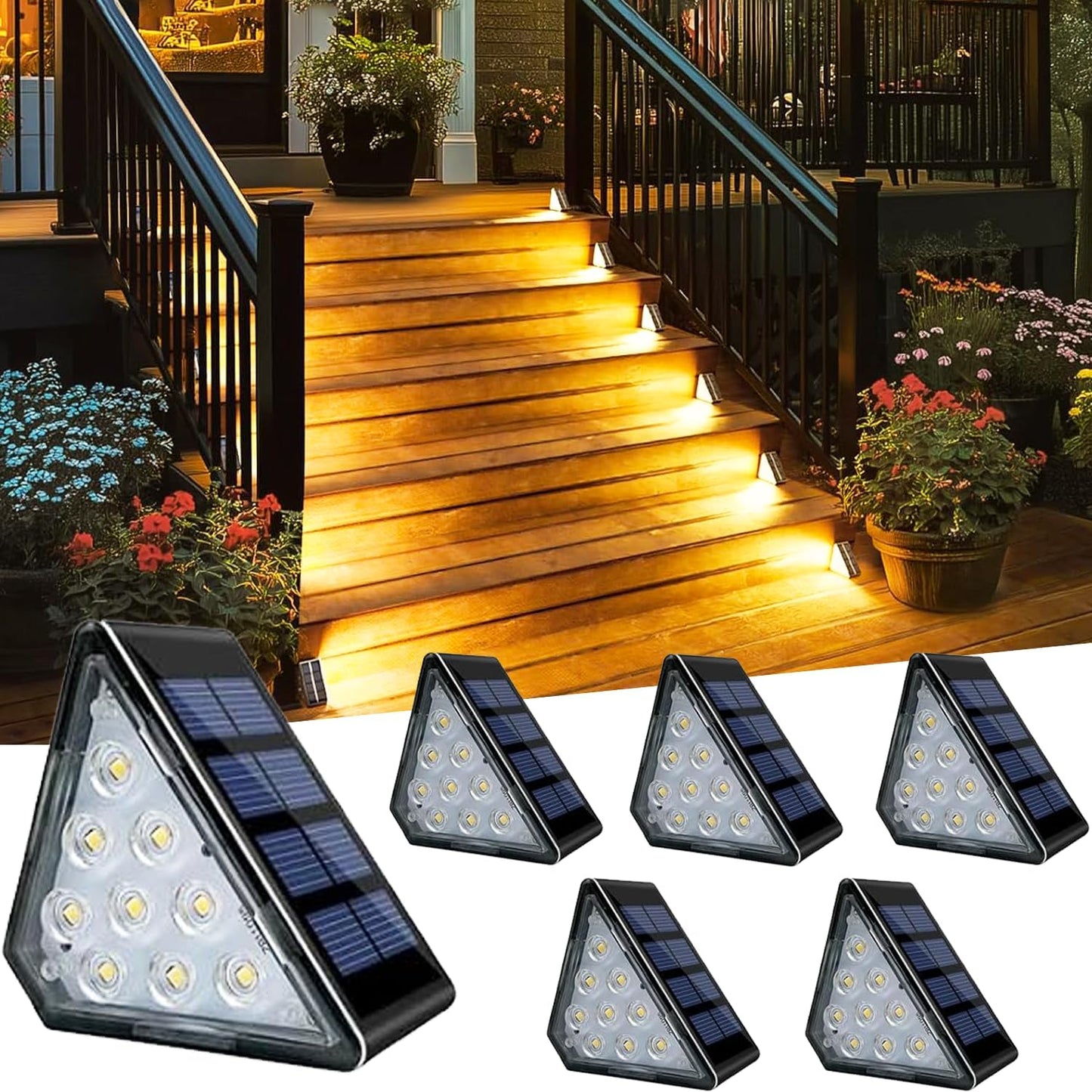 Solar Stair Lights, IP67 Waterproof Outdoor Solar Step Lights, 3000K Warm White Outdoor Solar Powered Step Lights, Dusk to Dawn Lighting Decor for Garden, Stair, Deck, Front Porch, Patio (6 Pack)