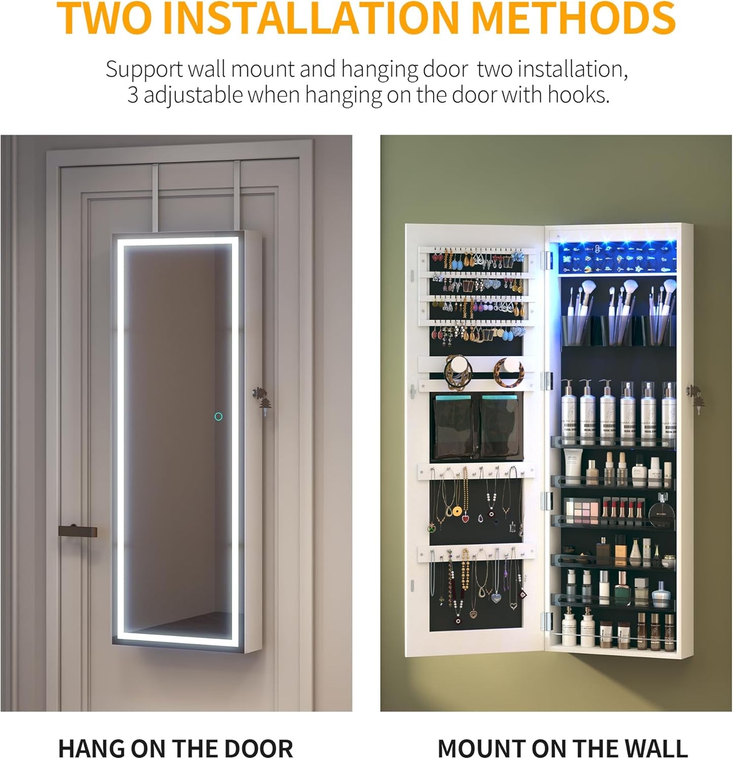 Freestanding Full-Length Mirror Jewelry Cabinet – 3-in-1 Organizer with LED Lights, Shelves & Lockable Design