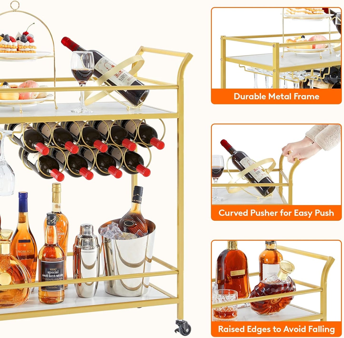 Drinks Trolley on Wheels | Gold 2-Tier Bar Cart with Wine Racks