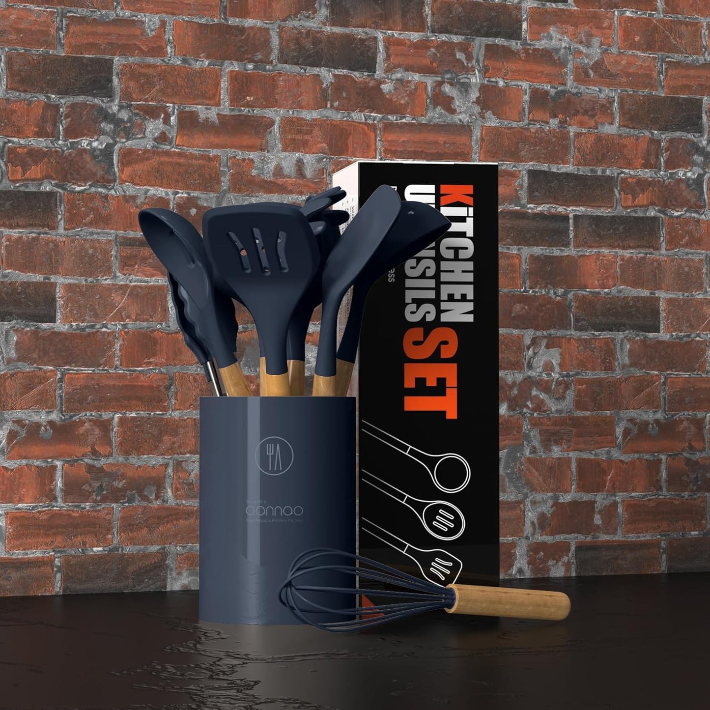 14-Piece Silicone Kitchen Utensil Set with Wooden Handles