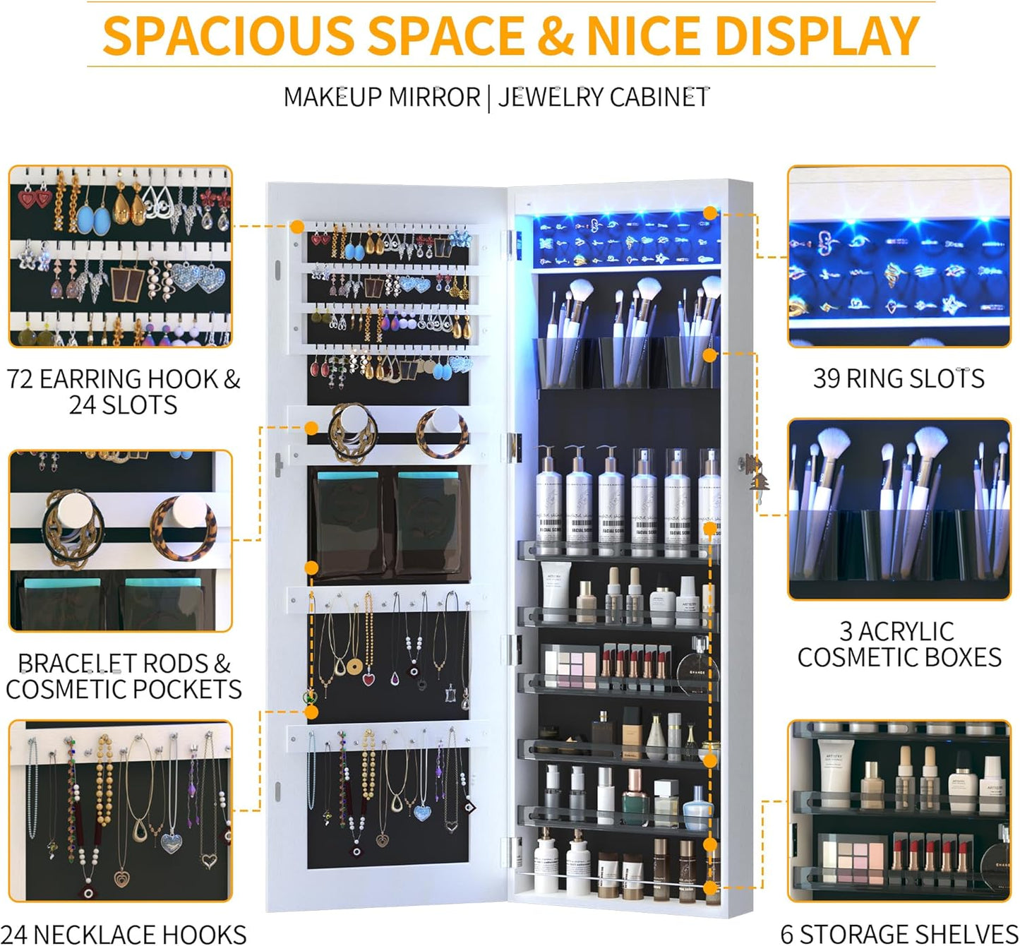Freestanding Full-Length Mirror Jewelry Cabinet – 3-in-1 Organizer with LED Lights, Shelves & Lockable Design