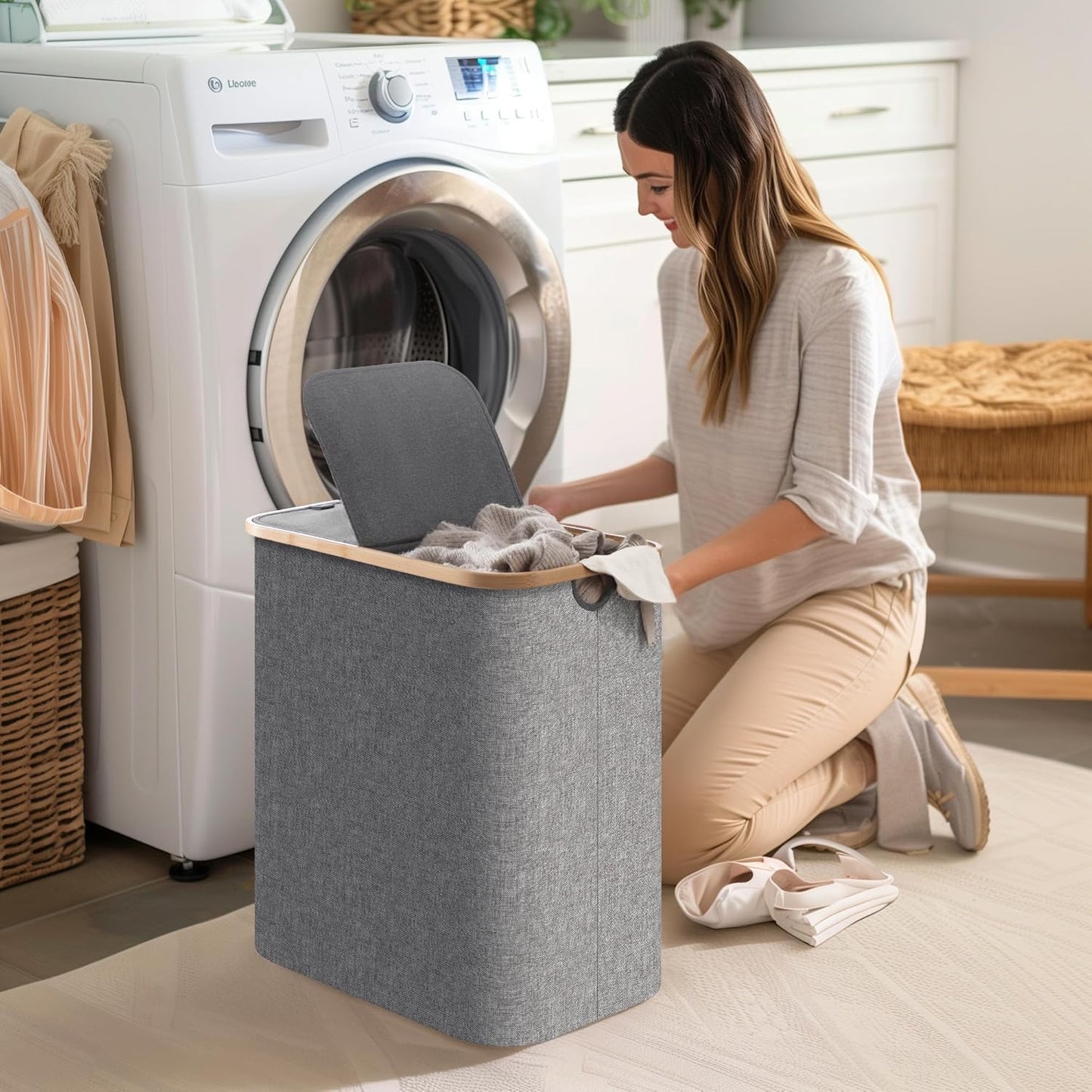 Large Double Hamper | Storage Basket with Lid & Removable Bags