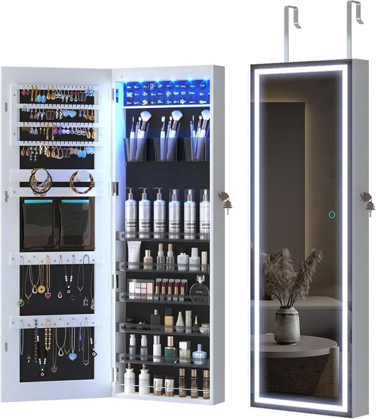 Freestanding Full-Length Mirror Jewelry Cabinet – 3-in-1 Organizer with LED Lights, Shelves & Lockable Design