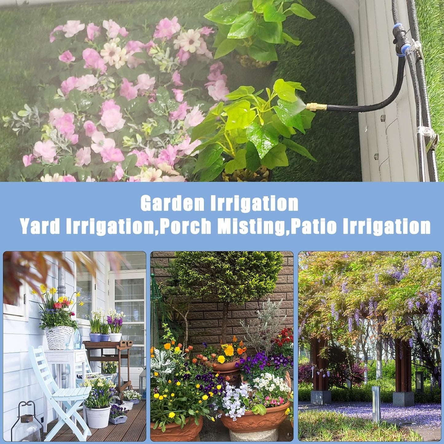 Tivddikun Drip Irrigation Kit, 360° Bendable Watering System with 49FT/15M Drip Irrigation Hose, 20 T-joints, 15 Adjustable Brass Misting Nozzles, 10 Fixed Stems, Anti-blocked Universal Faucet Adapter