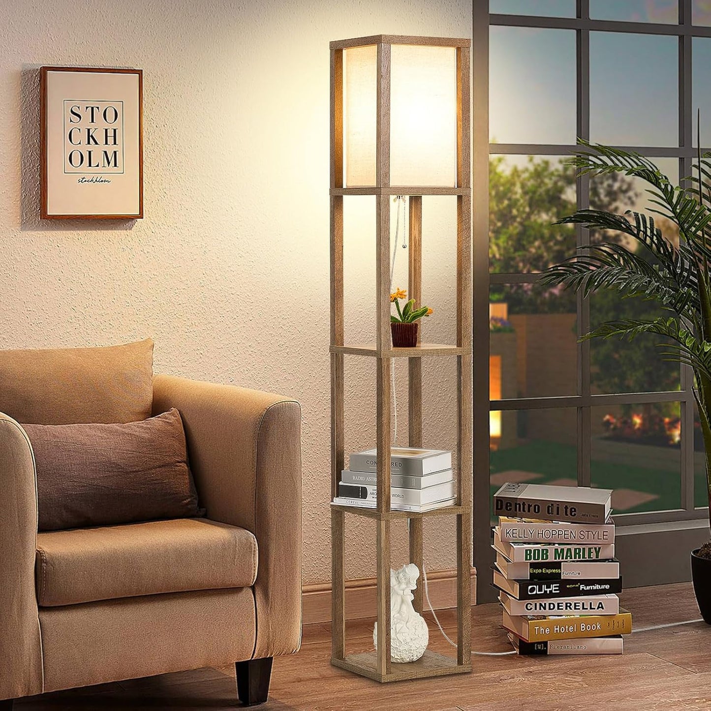 Retro Standing Lamp | Wood Finish & Linen Shade