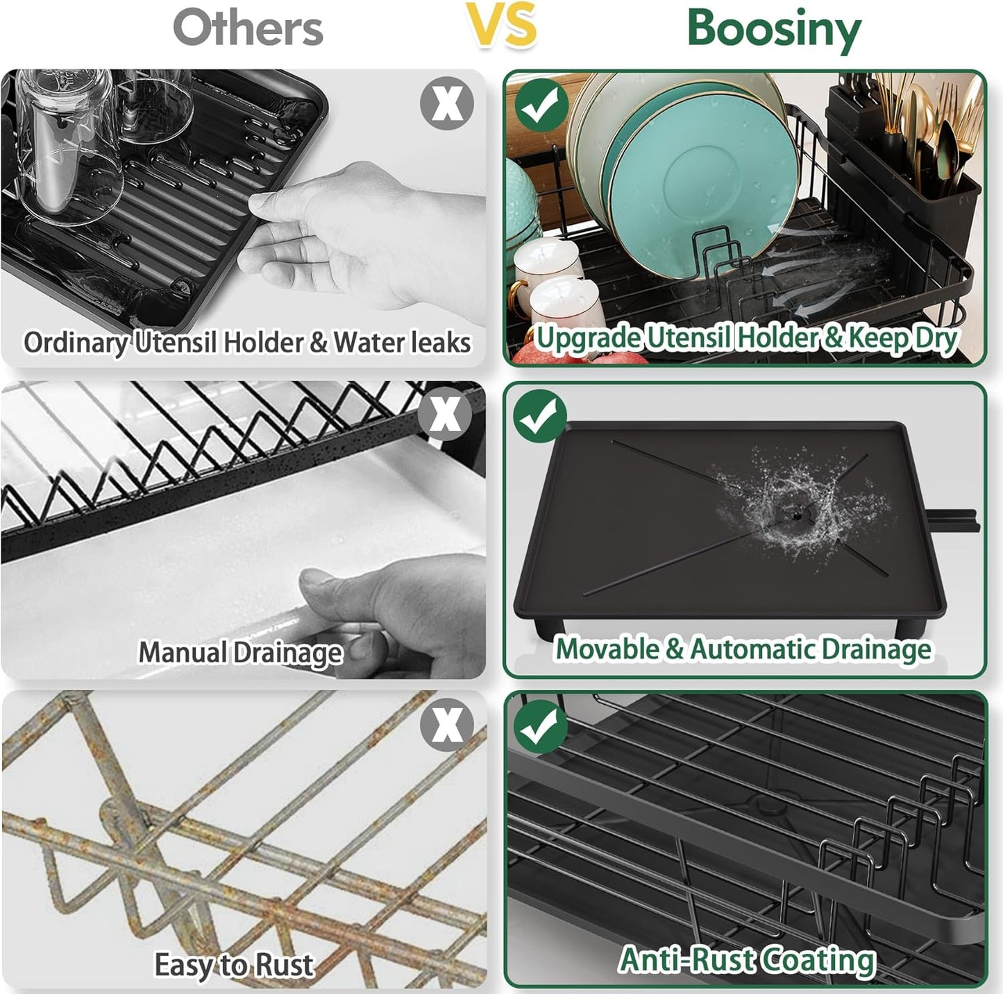 Boosiny Dish Drying Rack for Kitchen Counter, 2 Tier Dish Racks with Drainboard Set, Detachable Large Dish Drainer with Utensils Holder, Dish Drainer Rack with Extra Drying Mat, Black