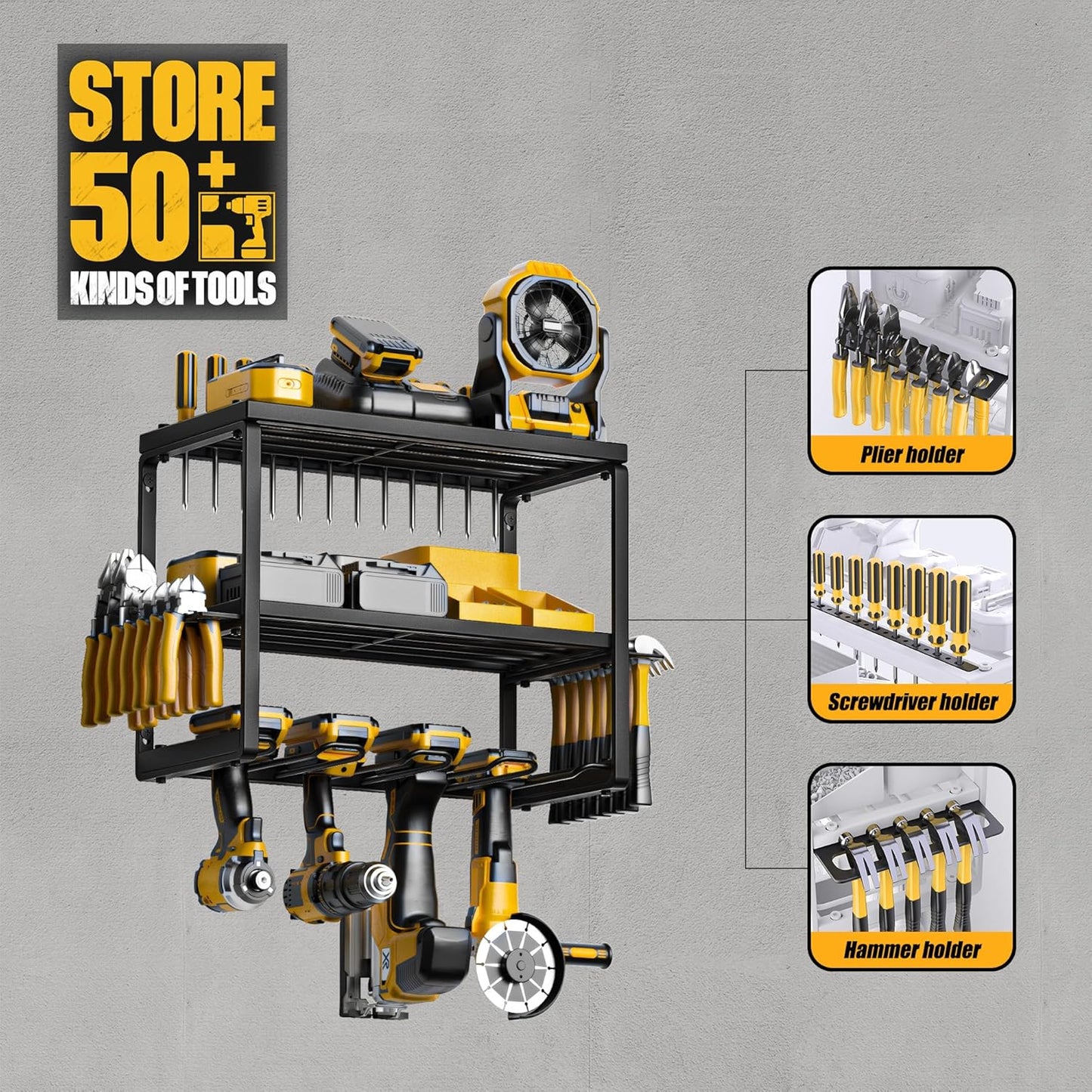 Power Tool Organizer, Garage Organization with 7 Drill Holders, Amoowis Tool Box Organizers and Storage Wall Mount, Metal Shelf Heavy Duty, Utility Rack for Screwdriver Pegboard Shed Workshop