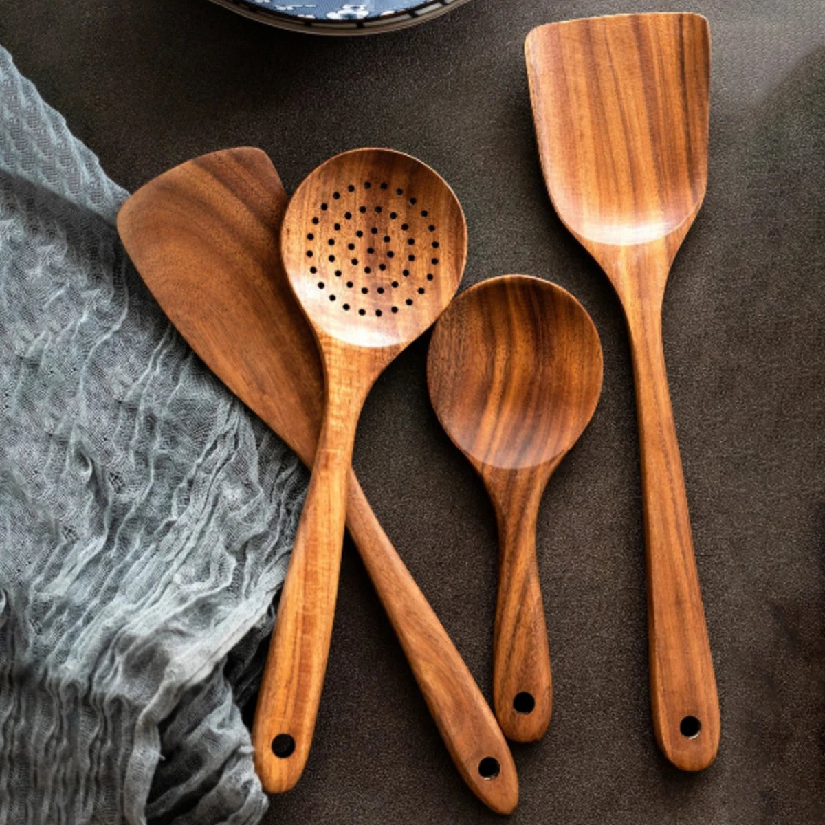 Wood Kitchen Utensil Set - Spatula Spoon Baking & Serving Set with Holder