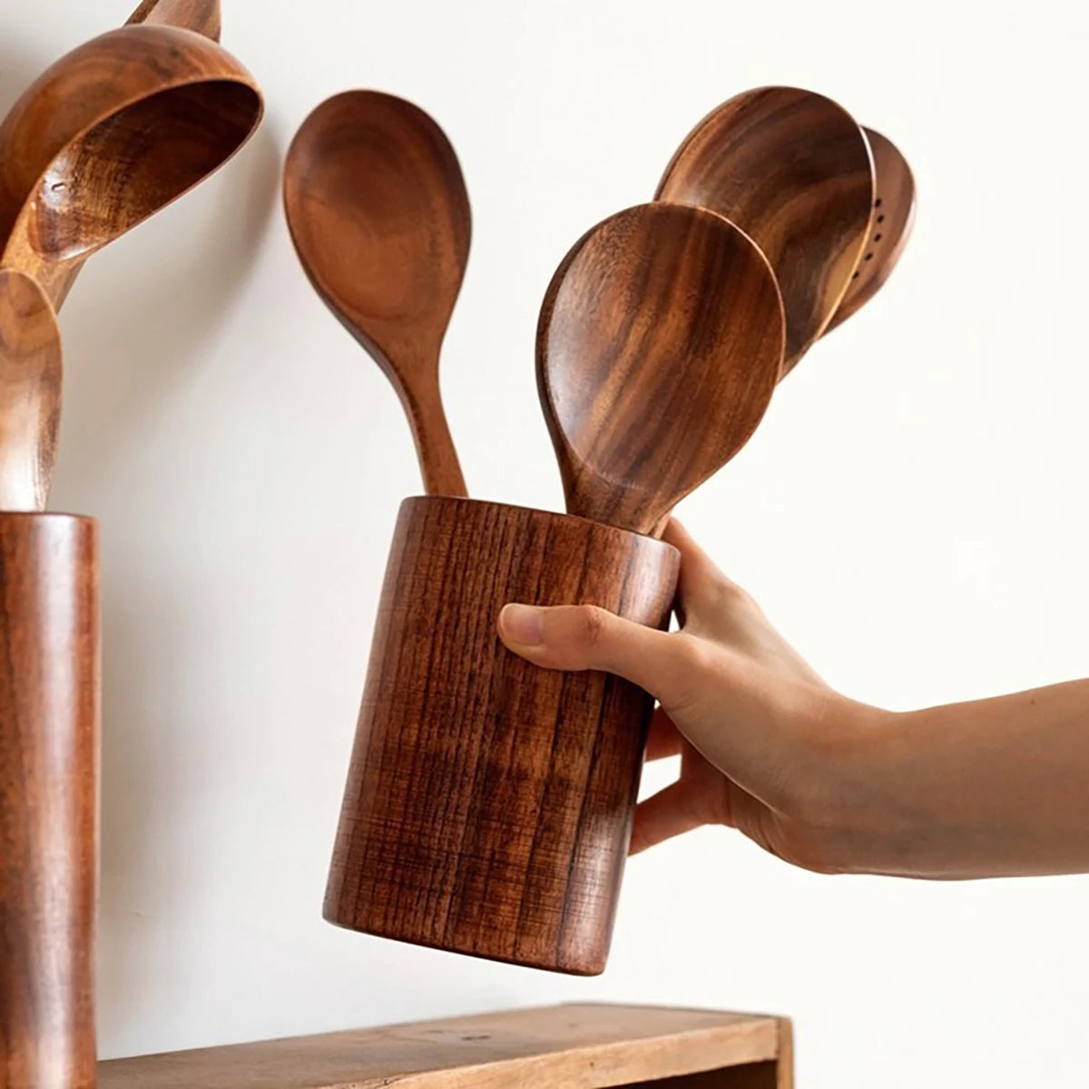 Wood Kitchen Utensil Set - Spatula Spoon Baking & Serving Set with Holder