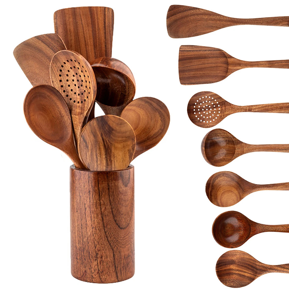 Wood Kitchen Utensil Set - Spatula Spoon Baking & Serving Set with Holder