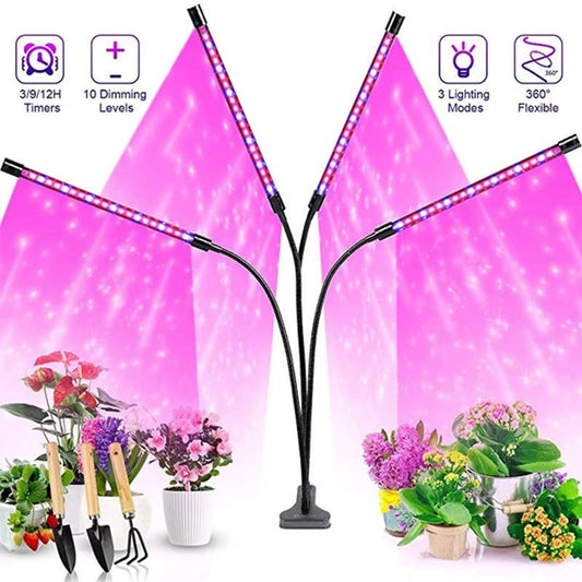 USB LED Plant Grow Light | 1/2/3/4 Head, 10 Dimming Levels, Timer