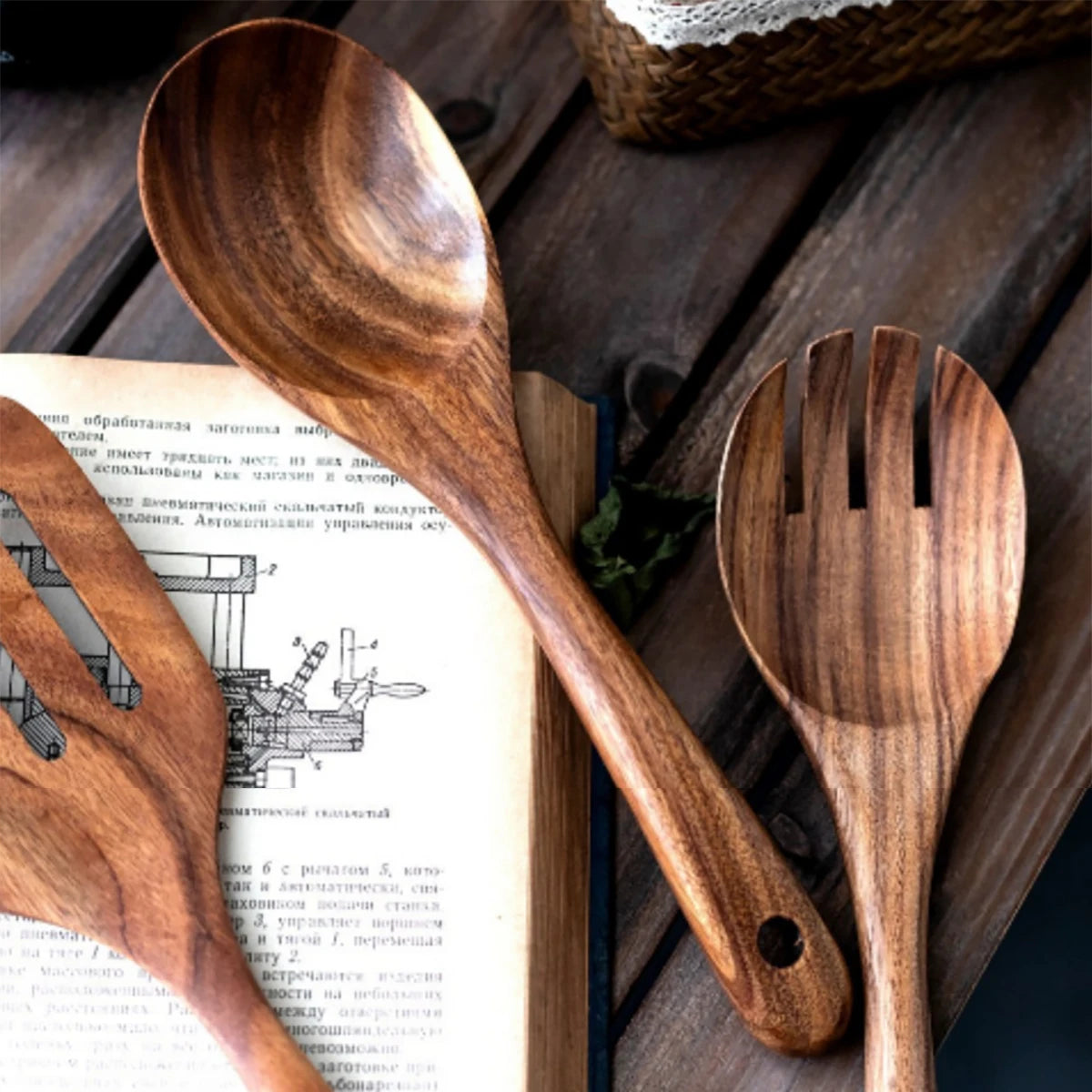 Wood Kitchen Utensil Set - Spatula Spoon Baking & Serving Set with Holder